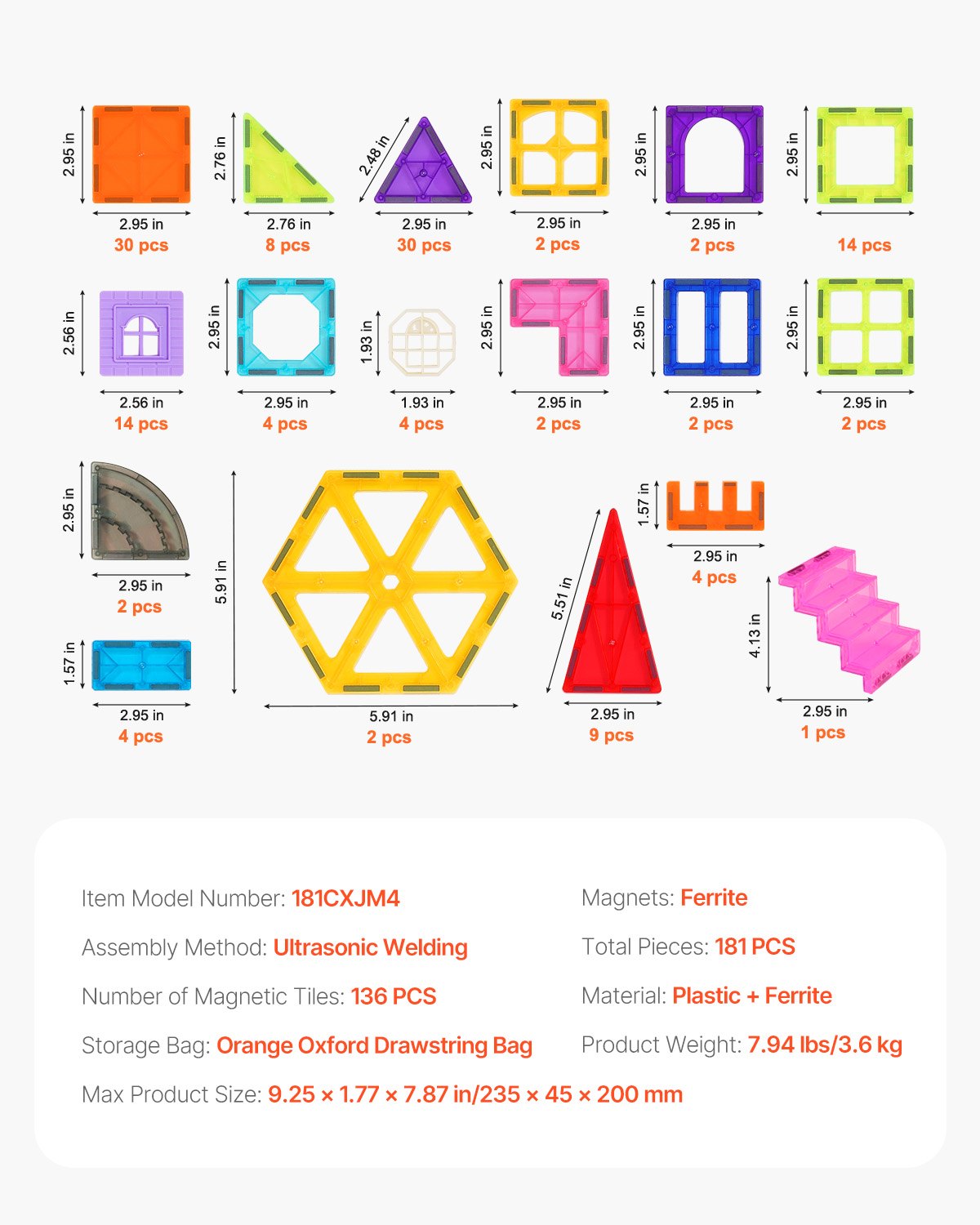 VEVOR Magnetische Bausteine, 181-teiliges magnetisches Bauset, Magnetspielzeug mit Autobasen/Riesenrad/Buchstaben- und digitalen Karten, STEM-Konstruktions-Stapelspielzeug für Kinder ab 3 Jahren