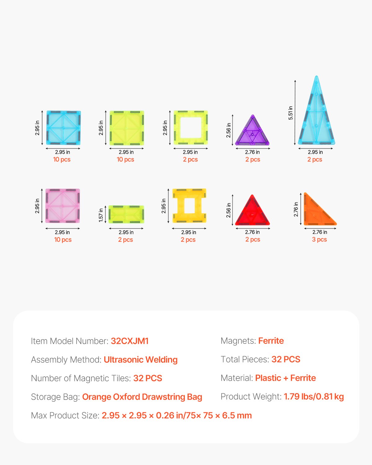 VEVOR Magnetische Bausteine, 32-teiliges magnetisches Bauset, Magnetspielzeug mit Aufbewahrungstasche, STEM-Sensorik-Lernspielzeug, Konstruktions-Stapelspielzeug, Geschenk für Kinder ab 3 Jahren
