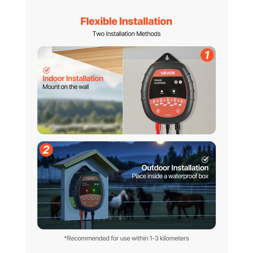 VEVOR Weidezaungerät, 10 kV 1J, AC/DC Elektrozaungerät mit LED-Anzeige, Reichweite 3 km, Leistungsstarkes Plug-in-Ladegerät, zum Schutz von Eindringen vor Wildtieren für Nutztiere & Geflügel