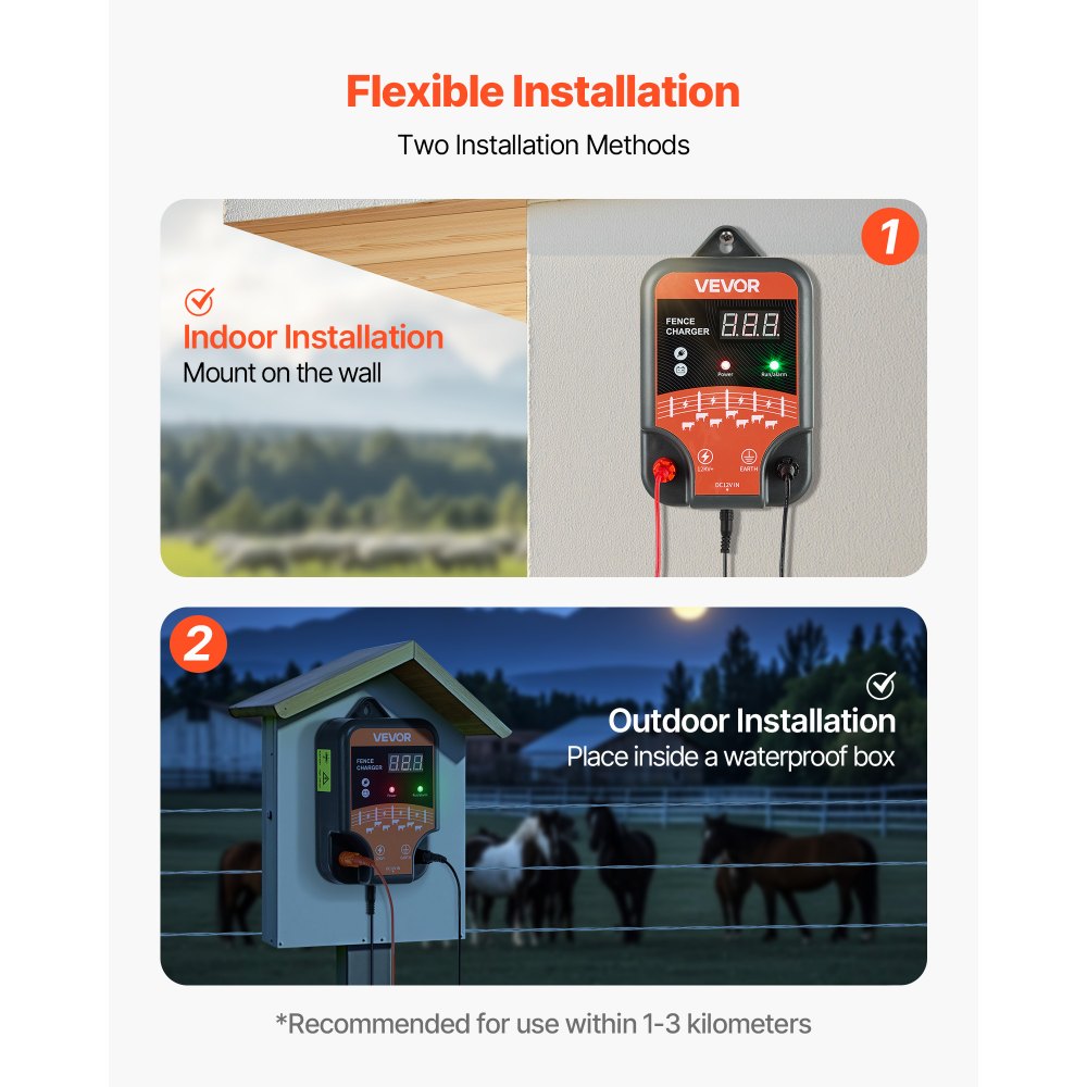 VEVOR Weidezaungerät, 12 kV 3 J, AC/DC Elektrozaungerät mit LED-Anzeige, Reichweite 3 km, leistungsstarkes Plug-in-Ladegerät, zum Schutz von Eindringen vor Wildtieren für Nutztiere & Geflügel
