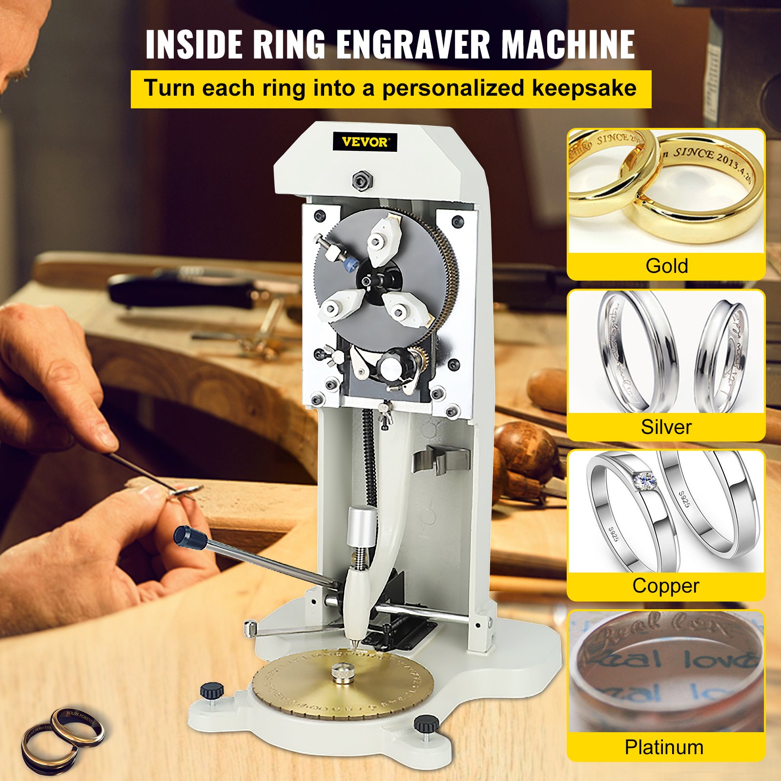 VEVOR Ring Inside Engraving Machine (1.5-2.0 mm) 360° Rotating Jaws, Standard Letter Block Stamp, Jewelry Engraving Machine, Double-Sided Dial