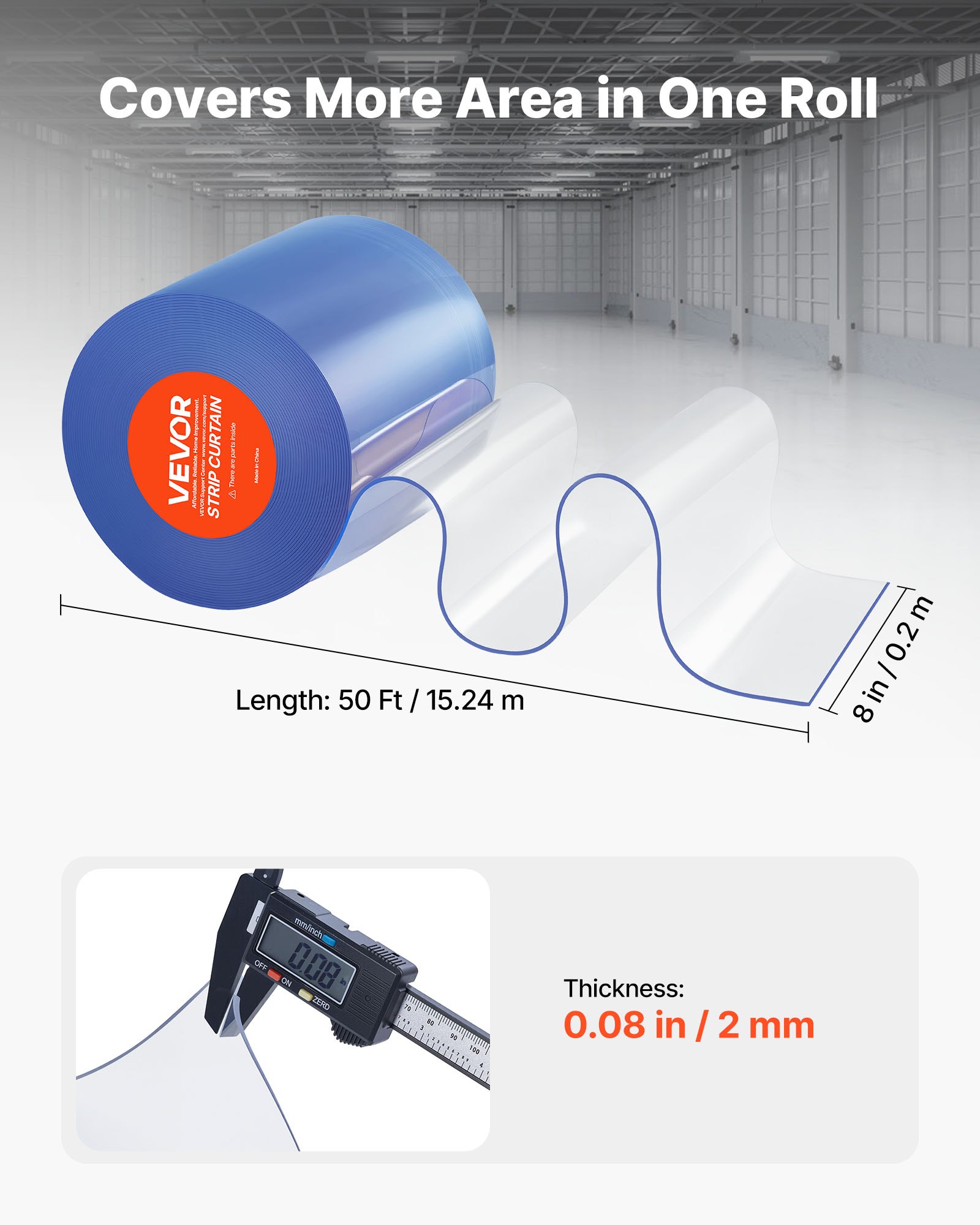 VEVOR Streifenvorhang, 50' Länge x 8" Breite x 0,08" Dicke, durchsichtige glatte PVC-Streifenvorhang-Tür-Großrolle, Kunststoff-Türstreifen für Türen von Supermärkten, Garagen, Lagerhallen, Scheunen, Tierställen