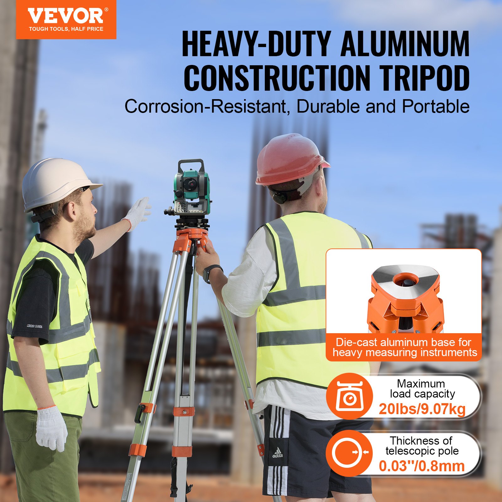 VEVOR Laser Level Tripod, 5/8"-11 Thread Mount, 16.53-65.55 Inch Height Adjustment, Heavy-Duty Surveying Tripod for Construction Laser Level Scanners, Retractable Legs, Non-Slip Feet, Professional