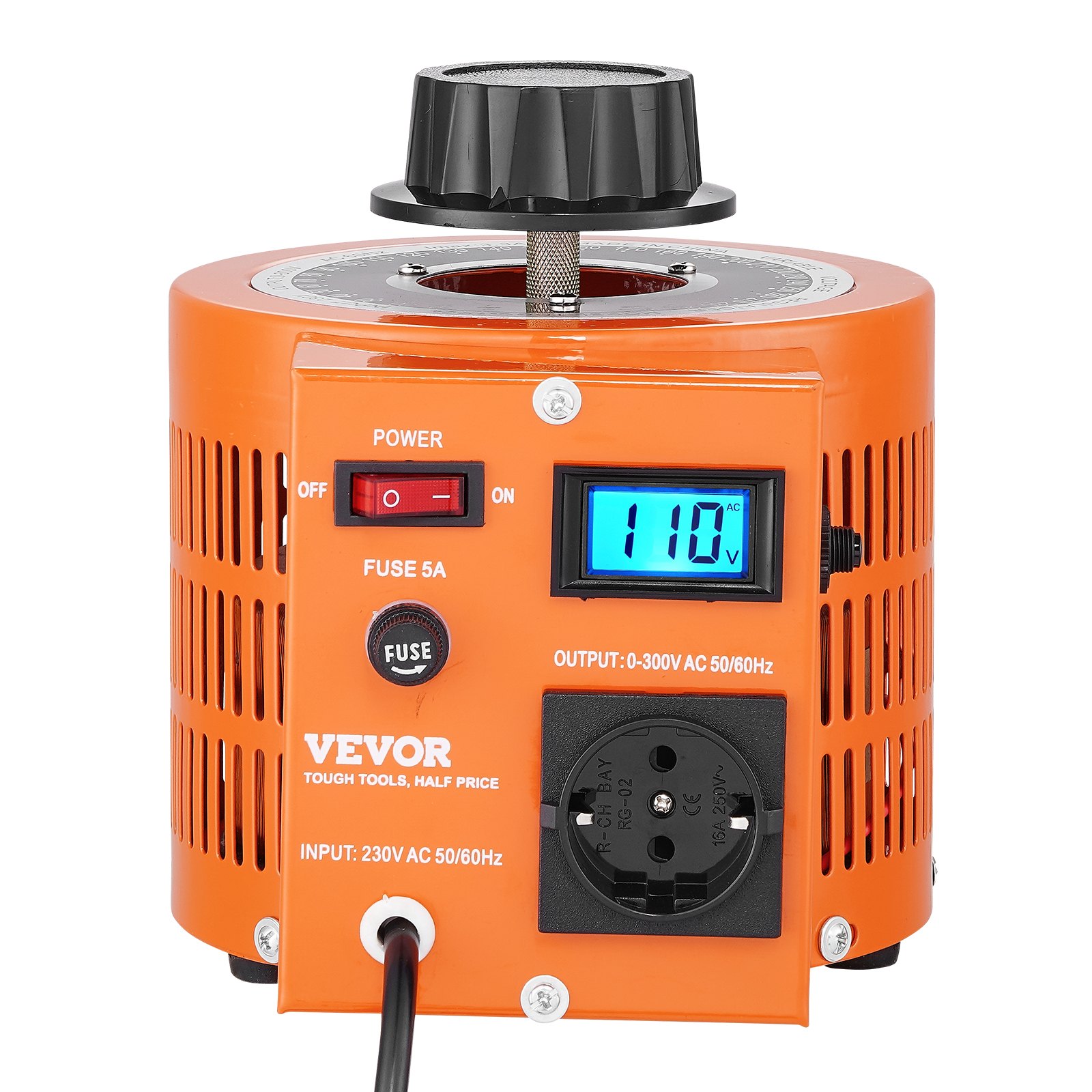 VEVOR 1000VA Spannungswandler mit variabler Spannung 3,3 Ampere, 230 V Eingang 0-300 V Ausgang Wechselspannungsregler, 4 zusätzlichen Sicherungen Thermokontrollschalter für Zuhause, Industrie, Büro