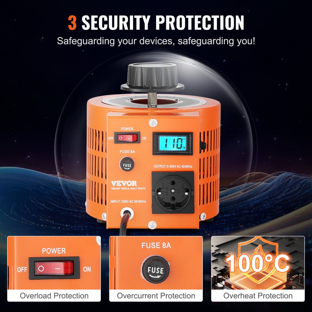 VEVOR 2000VA Variable Voltage Transformer, 6.6 Amps, 230V Input, 0-300V Output, AC Voltage Regulator, with LCD Display, 4 Additional Fuses, for Home, Industry, Office