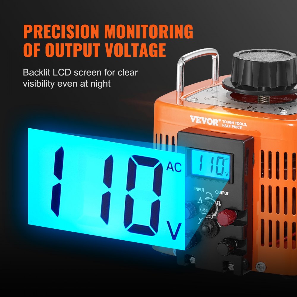 VEVOR 2000VA Stelltransformator mit variabler Spannung, 6,6 A, 230 V Eingang, 0-300 V Ausgang, Wechselspannungsregler, mit LCD-Display, 4 zusätzlichen Sicherungen, für Zuhause, Industrie, Büro