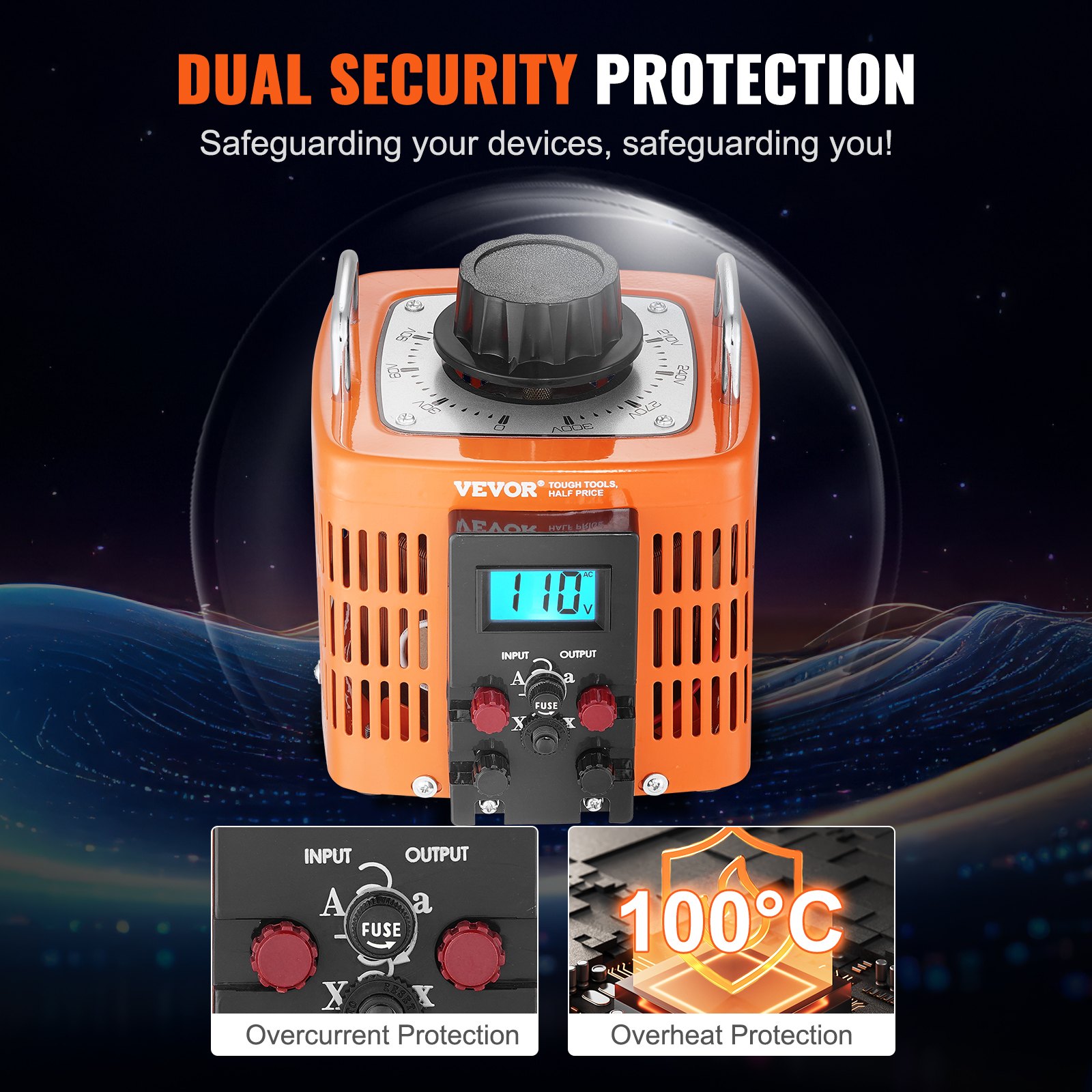 VEVOR 2000VA Variable Voltage Transformer, 6.6 A, 230 V Input, 0-300 V Output, AC Voltage Regulator, with LCD Display, 4 Additional Fuses, for Home, Industry, Office