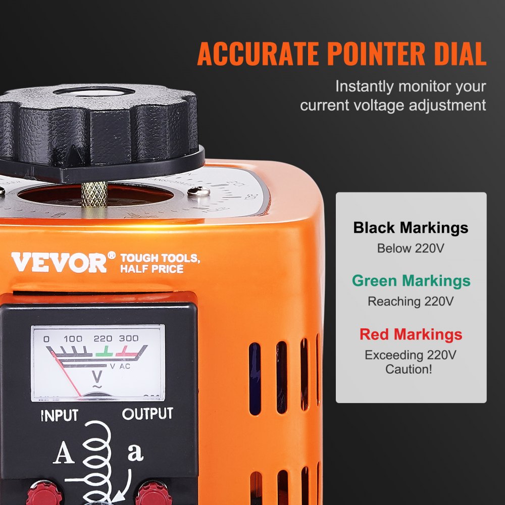 VEVOR Automatischer variabler Stelltransformator 500 VA, 1,7 A, Eingang 230 V, Ausgang 0-300 V, AC-Spannungsregler 4 Sicherungen, thermischer Steuerschalter für Haus, Büro