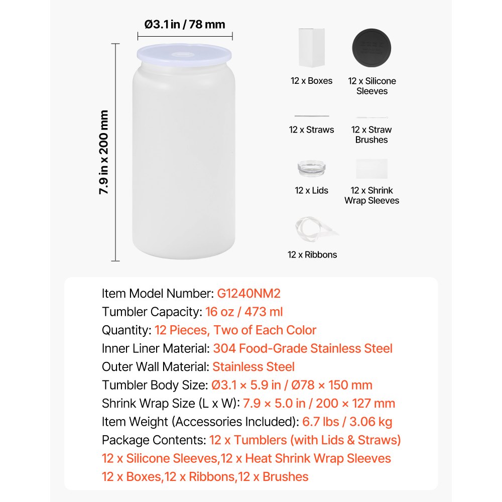 VEVOR Sublimationsbecher 12 Stk. (473 mL), Mehrfarbige Sublimationsthermobecher aus Edelstahl mit Deckeln & Strohhalm, Doppelwandige Isolierte Sublimationstrinkflaschen für DIY-Projekte Geschenke