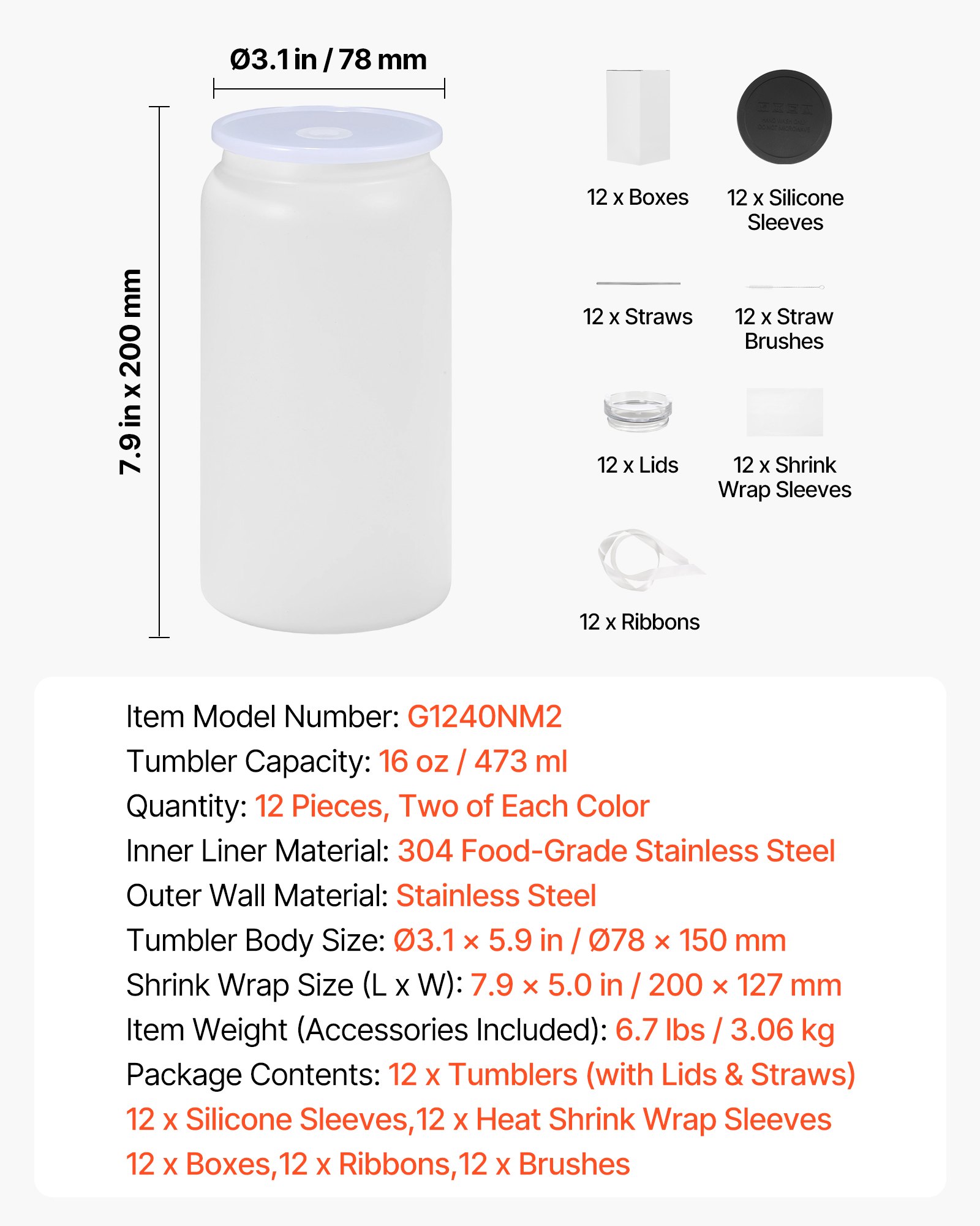 VEVOR Sublimationsbecher 12 Stk. (473 mL), Mehrfarbige Sublimationsthermobecher aus Edelstahl mit Deckeln & Strohhalm, Doppelwandige Isolierte Sublimationstrinkflaschen für DIY-Projekte Geschenke