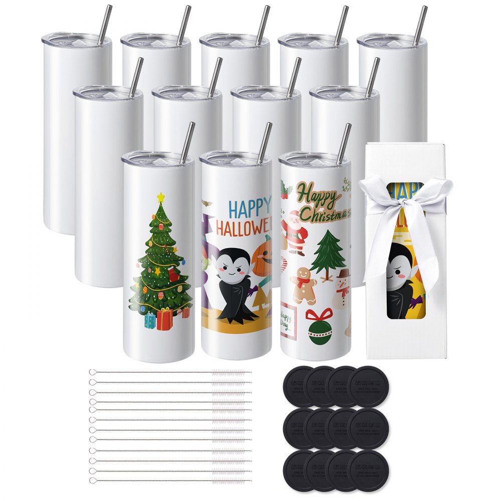 VEVOR-Sublimationsbecher mit Weihnachts- und Halloween-Designs, Bürsten, Deckeln und Geschenkbox.