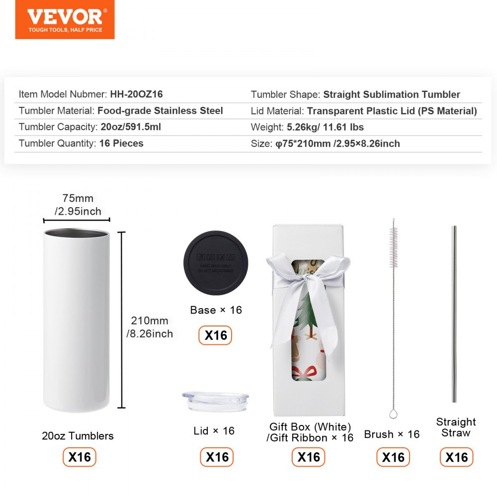 VEVOR 16er-Pack gerade Sublimationsbecher, 567 g Blanko-Becher, Edelstahl-Doppelwandbecher mit Strohhalm, Deckel, Bürste, Boden, Schrumpffolie, Geschenkbox, für Wärmepresse und Wärmeübertragung