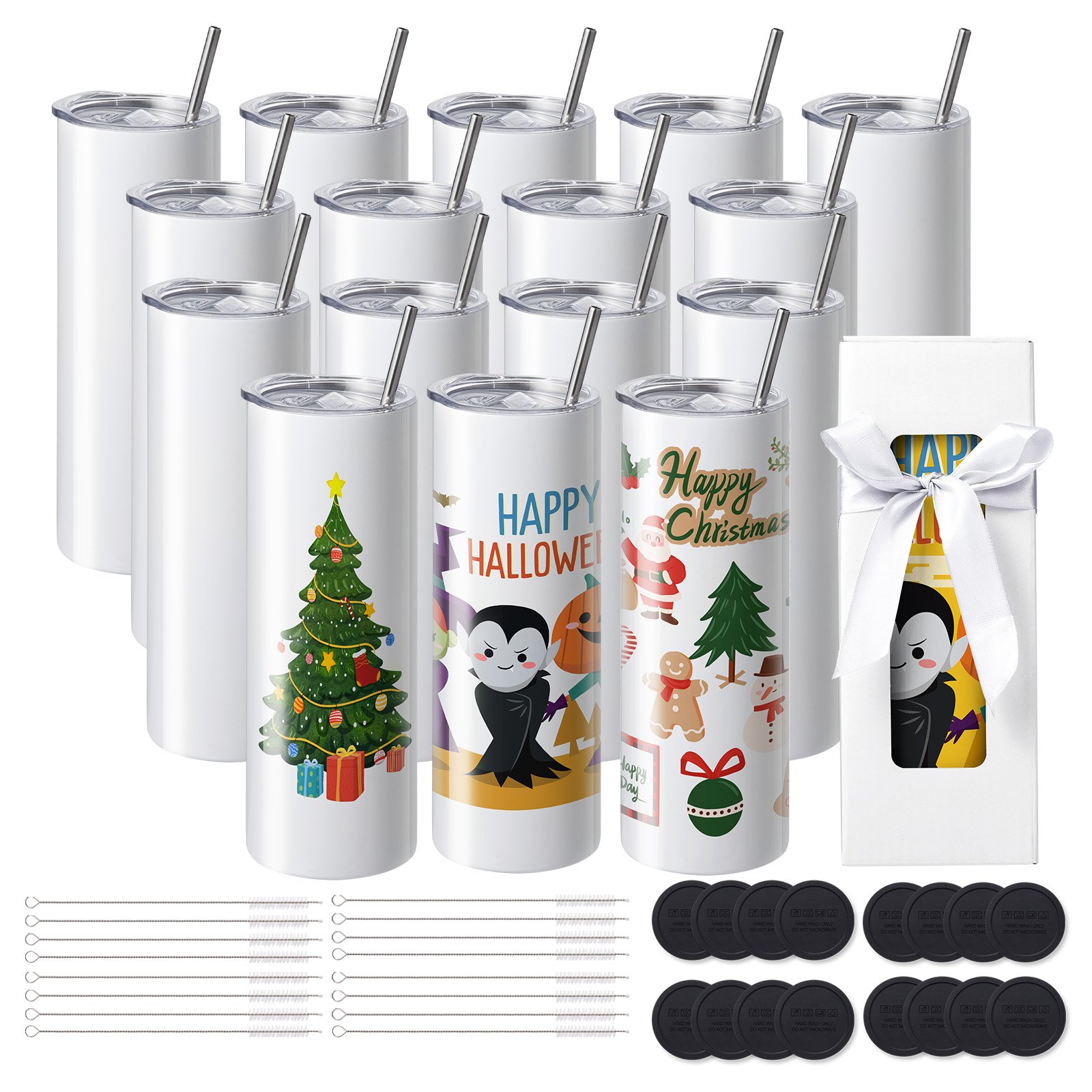 VEVOR 16er-Pack gerade Sublimationsbecher, 567 g Blanko-Becher, Edelstahl-Doppelwandbecher mit Strohhalm, Deckel, Bürste, Boden, Schrumpffolie, Geschenkbox, für Wärmepresse und Wärmeübertragung