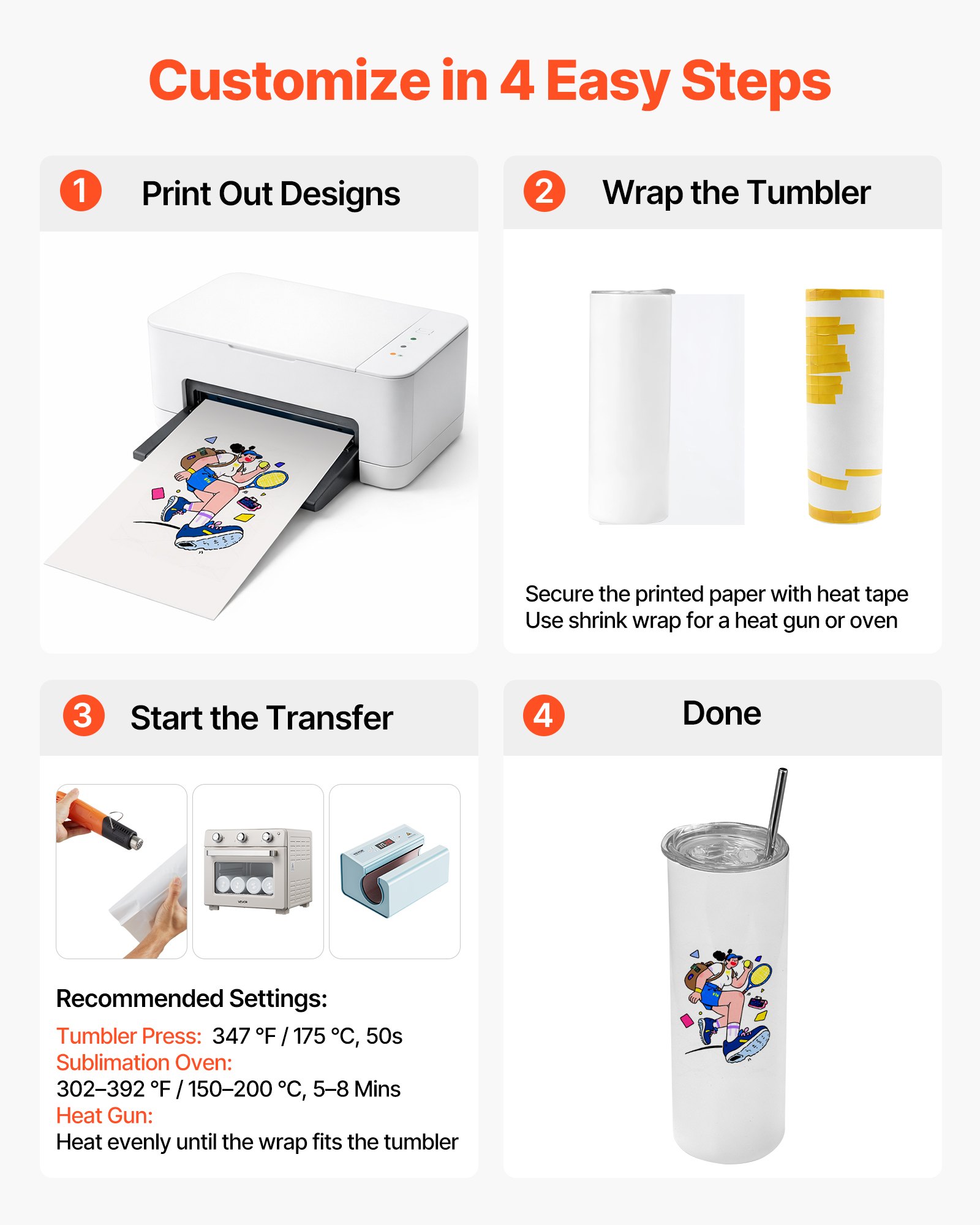 VEVOR Sublimationsbecher 4 Stk. (591 mL), Sublimationstumblers aus Edelstahl mit Deckeln & Strohhalm, Doppelwandige Isolierte Sublimationsrohlinge für Individuelle DIY-Gestaltung Geschenke
