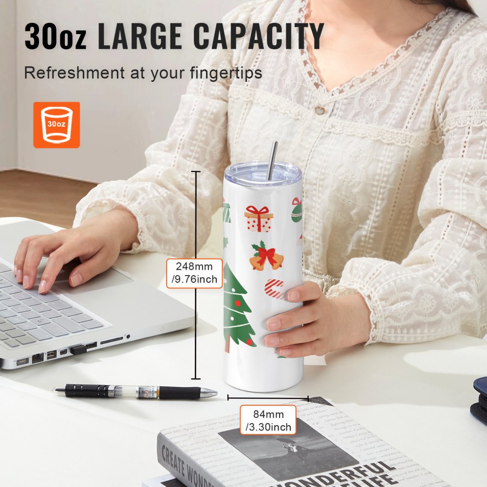 VEVOR 8-Pack Straight Sublimation Cups, 887 ml Blank Cups, Stainless Steel Double-Walled Cups with Straw, Lid, Brush, Base, Shrink Film, Gift Box, for Heat Press & Heat Transfer