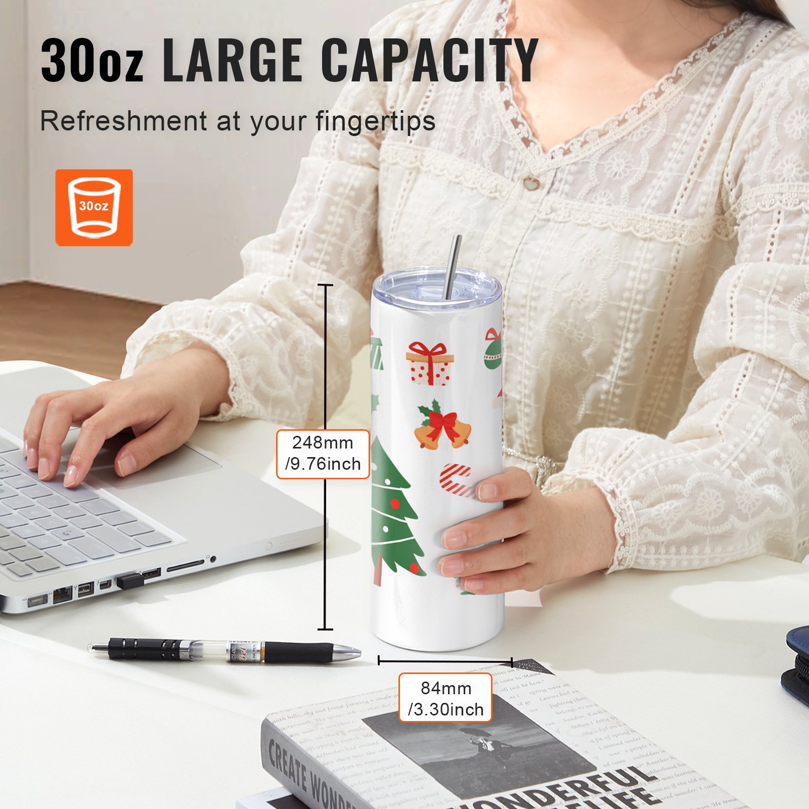 VEVOR 8-Pack Straight Sublimation Cups, 887 ml Blank Cups, Stainless Steel Double-Walled Cups with Straw, Lid, Brush, Base, Shrink Film, Gift Box, for Heat Press & Heat Transfer