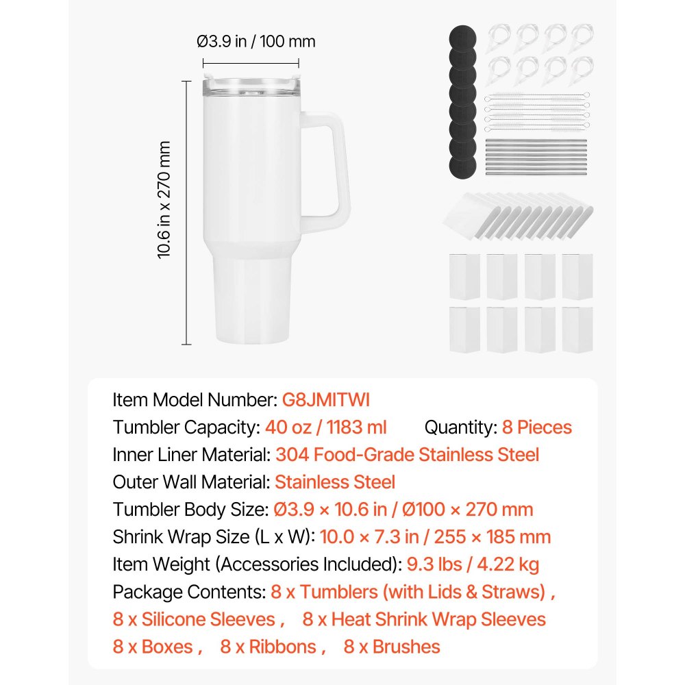 VEVOR Sublimationsbecher 8 Stk. (1183 mL), Sublimationstumblers aus Edelstahl mit Deckeln & Strohhalm & Griff, Doppelwandige Isolierte Sublimationsrohlinge für Individuelle DIY-Gestaltung Geschenke