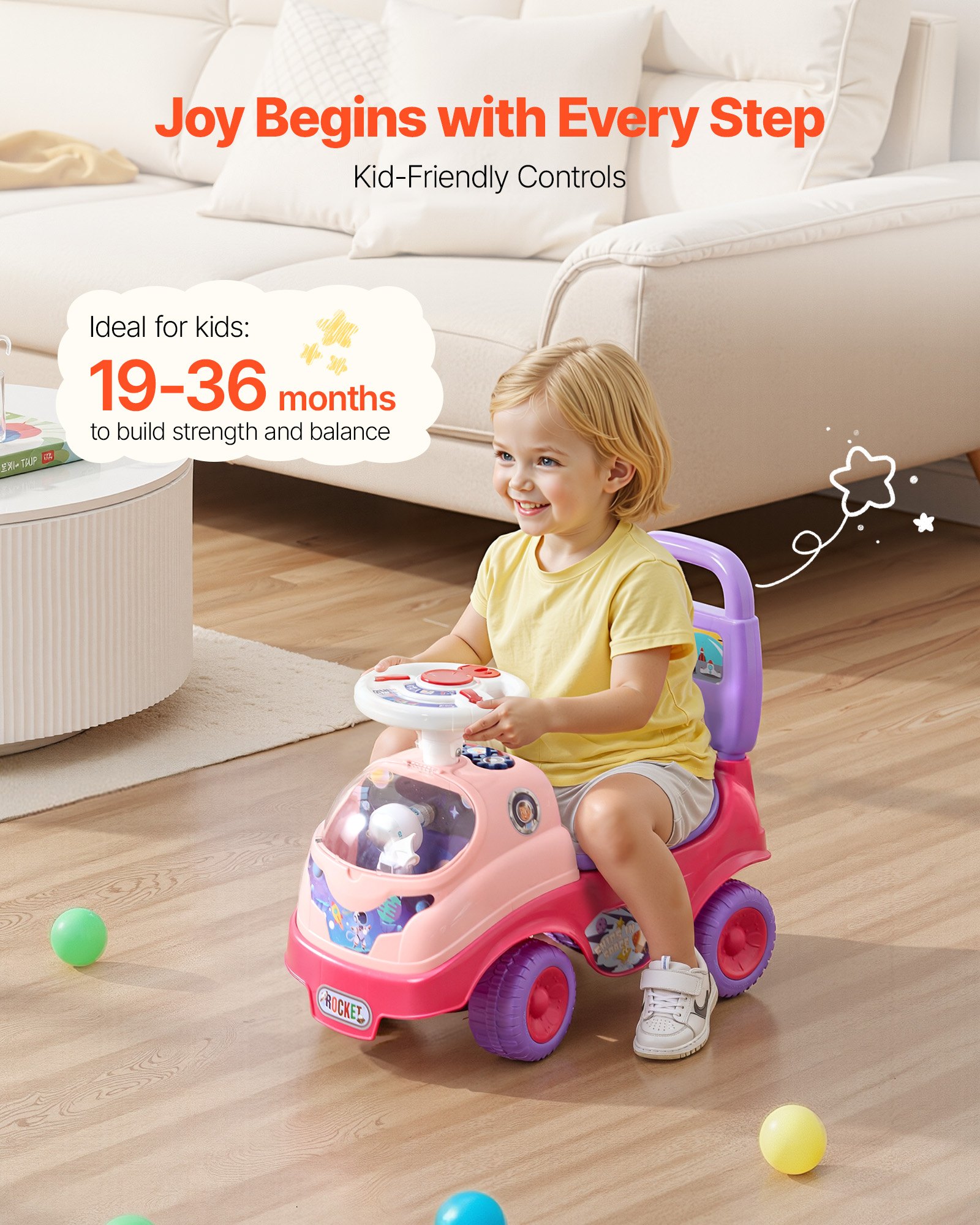 VEVOR Ride On Toddler Push Car, Push Car for Toddler 19 to 36 Months, Kids Ride On Toy with Horn & Music, 22 kg Load Capacity, Under-seat Storage, Foot-to-Floor Walker for Toddlers Boys Girls, Pink
