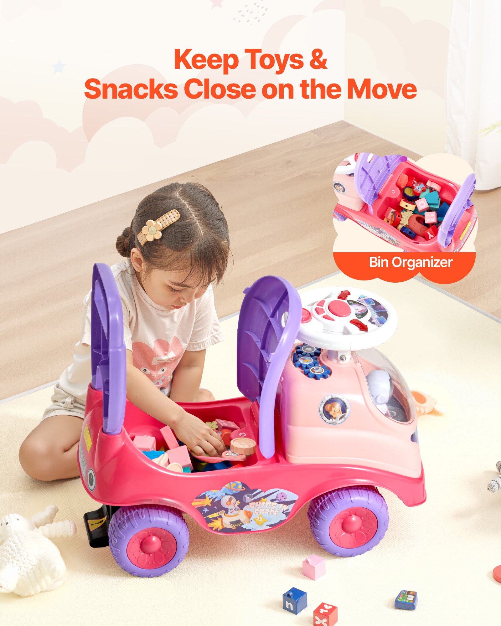 VEVOR Ride On Toddler Push Car, Push Car for Toddler 19 to 36 Months, Kids Ride On Toy with Horn & Music, 22 kg Load Capacity, Under-seat Storage, Foot-to-Floor Walker for Toddlers Boys Girls, Pink