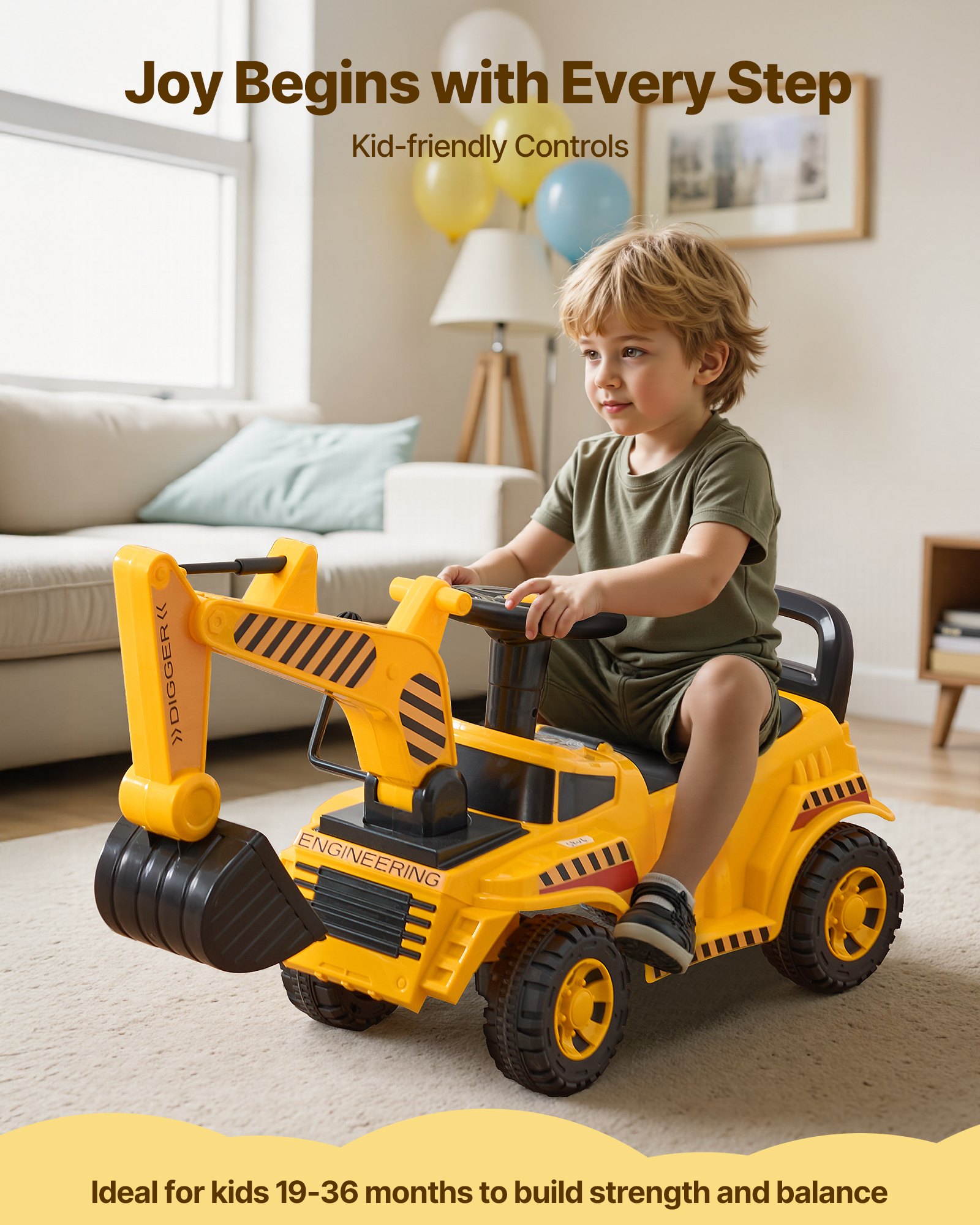 VEVOR Sitzbagger, Kinderbagger für Kleinkinder von 19 bis 36 Monaten, Baggerspielzeug mit Helm und Musik, Aufsitzbagger, 25 kg Tragkraft, Bagger zum Aufsitzen, Lauflernhilfe für Kinder, Gelb