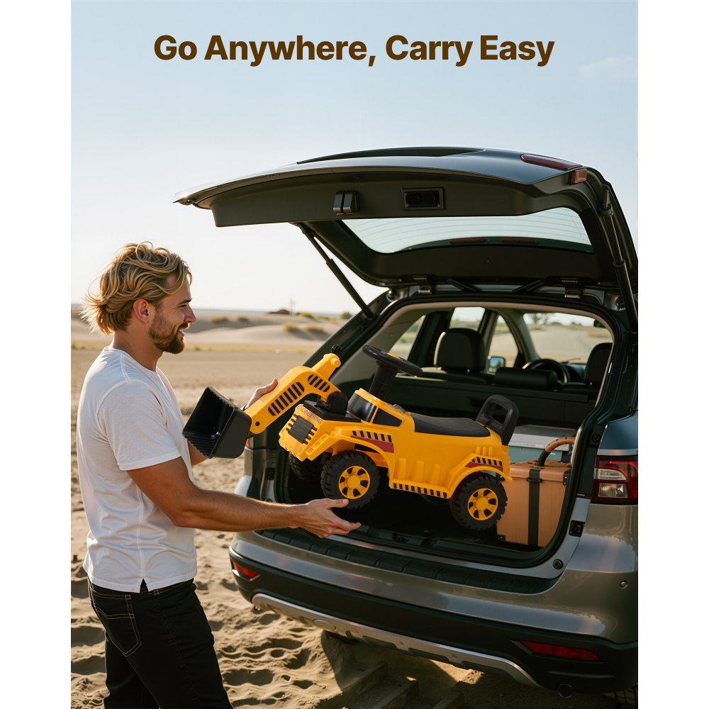 VEVOR Sitzbagger, Kinderbagger, Bagger-Bulldozer-Spielzeug mit Kippschutz und Stauraum unter dem Sitz, Aufsitzbagger 25 kg Tragkraft, Lauflernhilfe für Kleinkinder von 19 bis 36 Monaten, Gelb