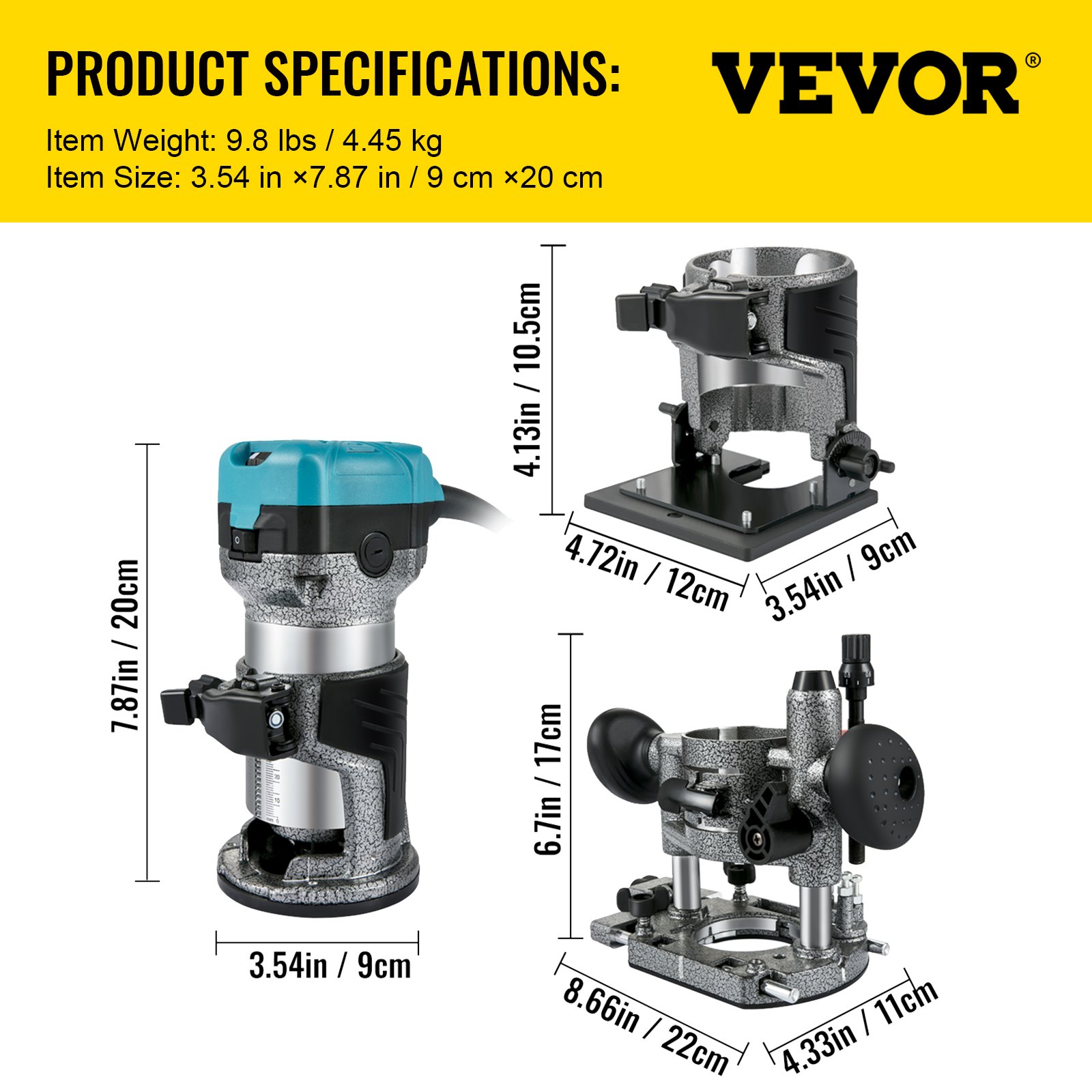 VEVOR Einhand Holz Oberfräse 710 W, Electrik Hand Holz Oberfräse 33000 U / min, Feste Basis, Neigungsbasis, Tauchbasis, 3 Spannzangen, Fräser 6,35 / 8 mm Inkl., Kurvenführung, Kantenfräse