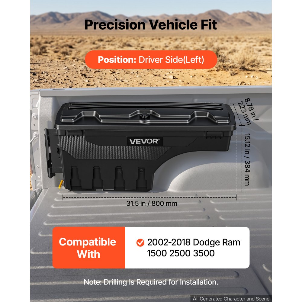 VEVOR Pickup Werkzeugbox 25 L für Dodge Ram 1500 2500 3500 (Baujahre 2002–2018), Fahrerseite Links (Bohren Erforderlich), um 180° Ausschwenkbar, Wasserdicht, Sicherungsschloss, ABS-Werkzeugkasten