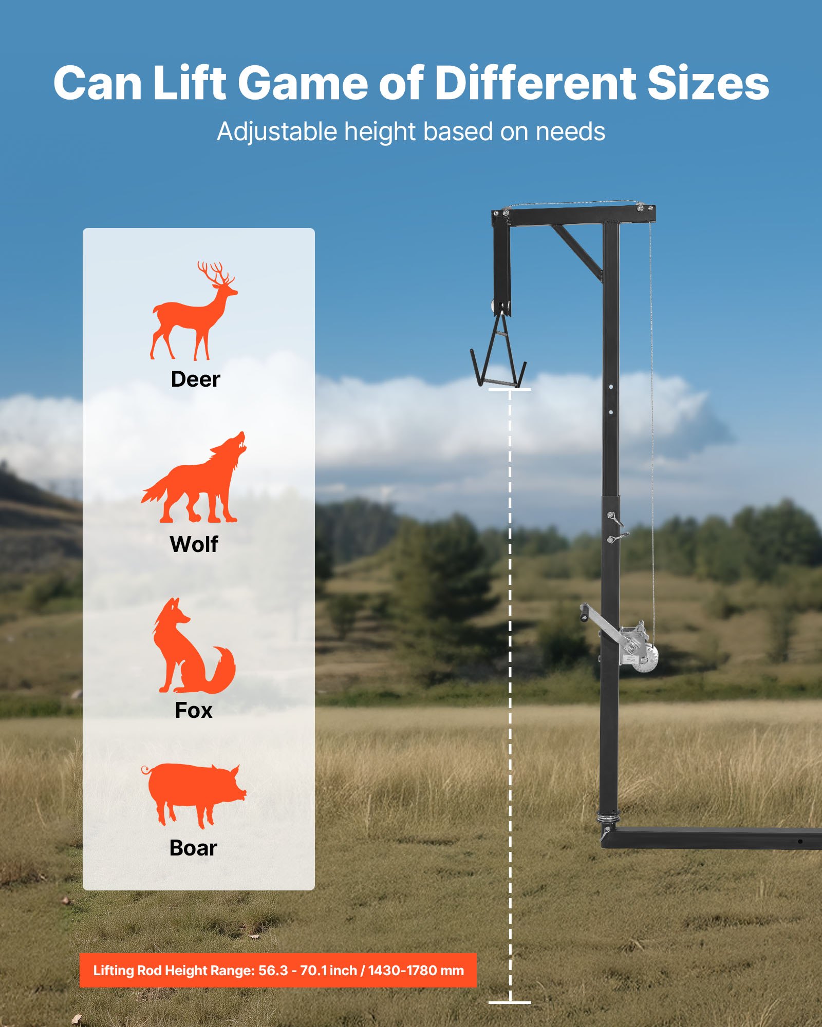 VEVOR Game Hoist mit Seilwinde & Gambrel, 136 kg Tragkraft, LKW-Wildhebezeug mit 5,08 cm Empfänger, 360-Grad-Schwenkschaft & einstellbarer Höhe, zum Häuten & Säubern von Wild im Jagdspiel