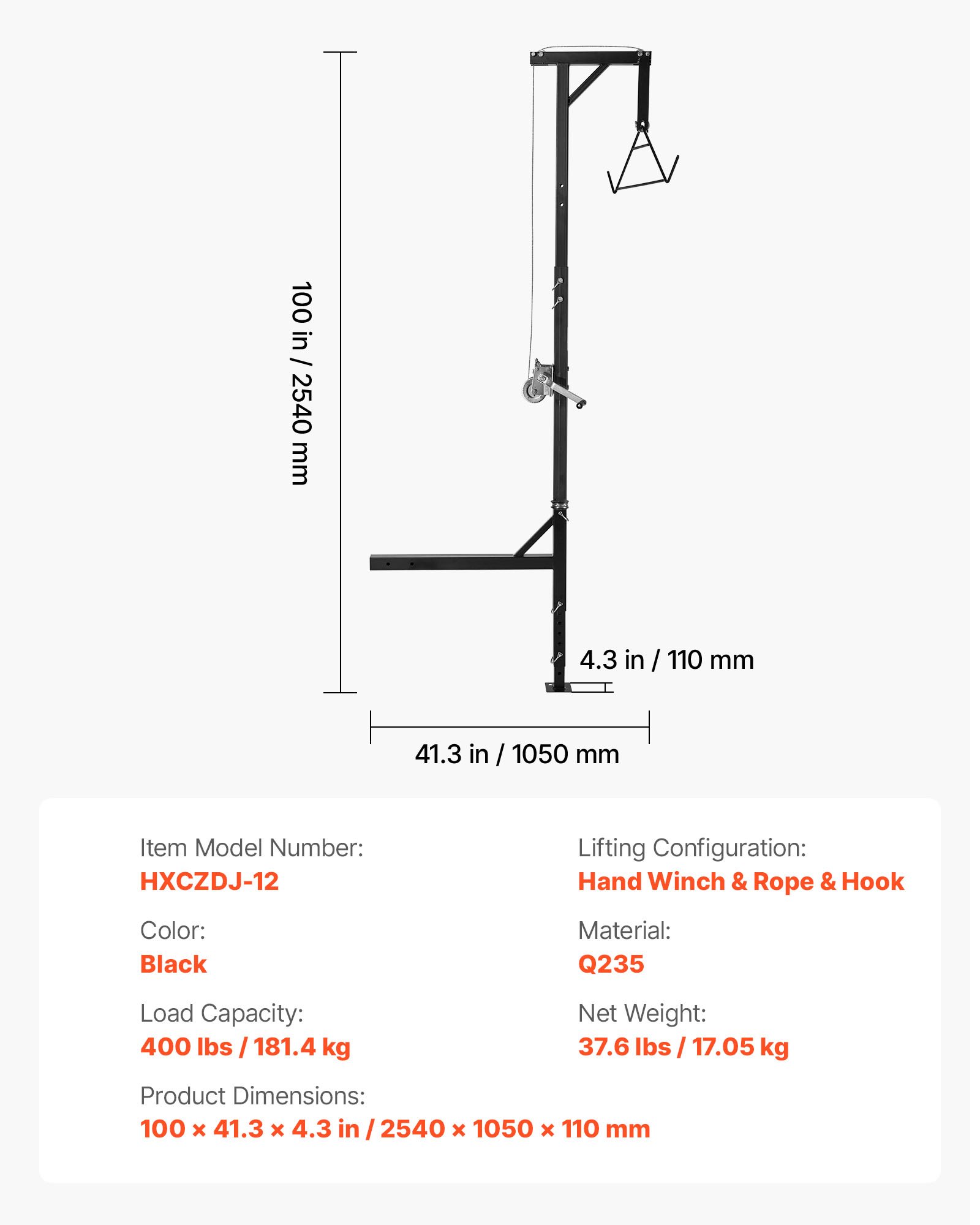 VEVOR Truck Hitch Game Hoist, 400 lbs Load Capacity, Hunting Deer Hoist with 2-inch Receiver, 360-Degree Swivel Shaft & Adjustable Height, Includes Gambrel Winch for Skinning & Cleaning Game