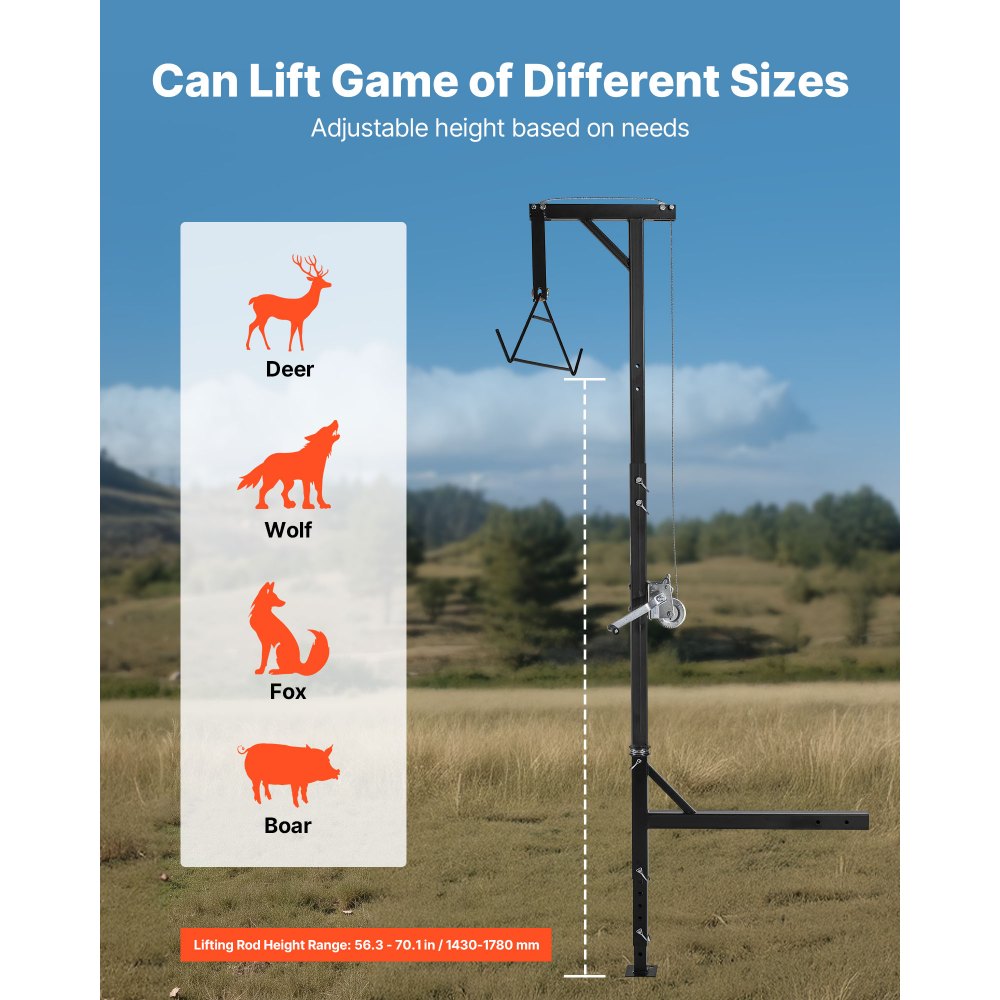 VEVOR Game Hoist mit Seilwinde & Gambrel, 226,8 kg Tragkraft, Lkw-Wildhebezeug mit 5,08 cm Empfänger, 360-Grad-Schwenkschaft & einstellbarer Höhe, zum Häuten & Säubern von Wild im Jagdspiel