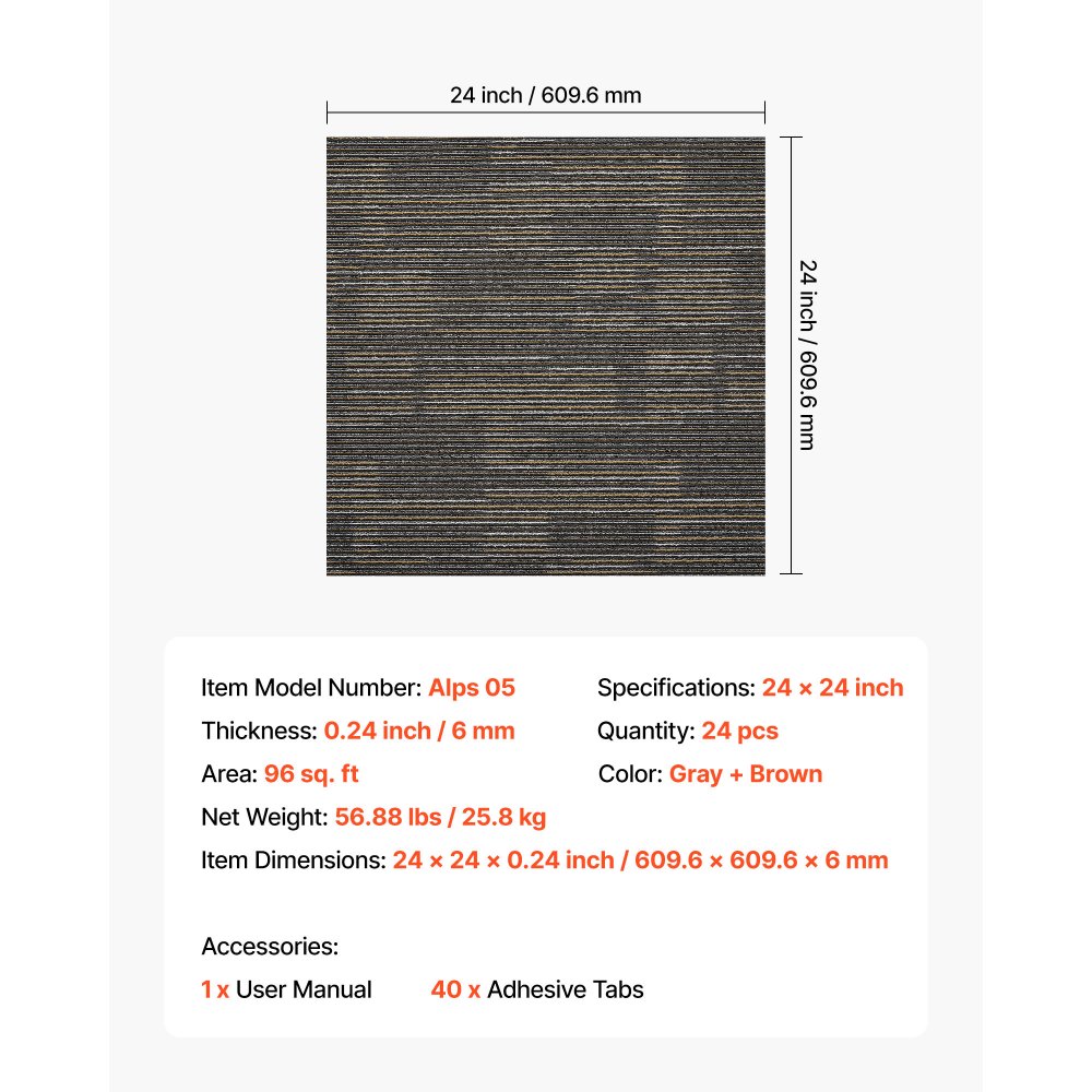 VEVOR Teppichfliesen 609,6 x 609,6 x 6 mm, 24er-Pack, modularer Teppichboden mit Fläche von 9 m², Teppich Bodenbelag, einfacher DIY-Austausch für Wohnzimmer und Büro, Grau und Braun