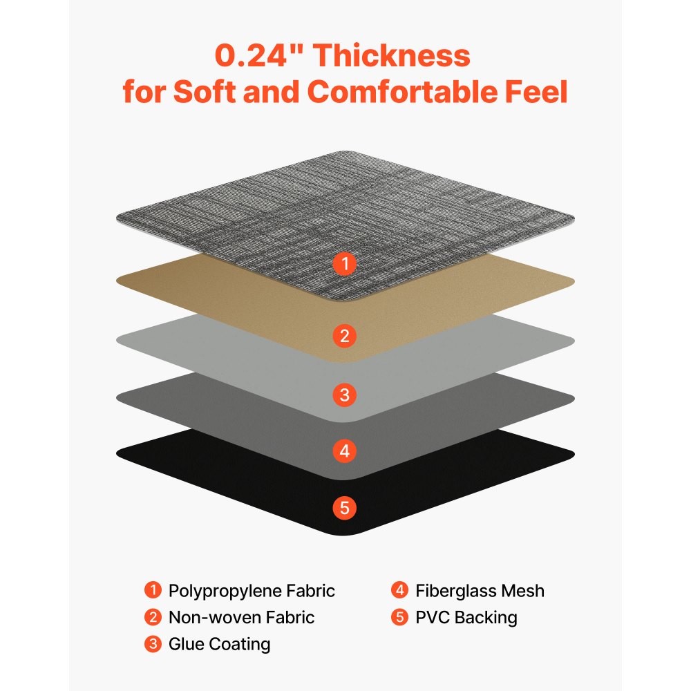 VEVOR Teppichfliesen 609,6 x 609,6 x 6 mm, 24er-Pack, selbstklebender Teppichboden mit Fläche von 9 m², Teppich Bodenbelag, einfacher DIY-Austausch für Wohnzimmer und Büro, mehrfarbig
