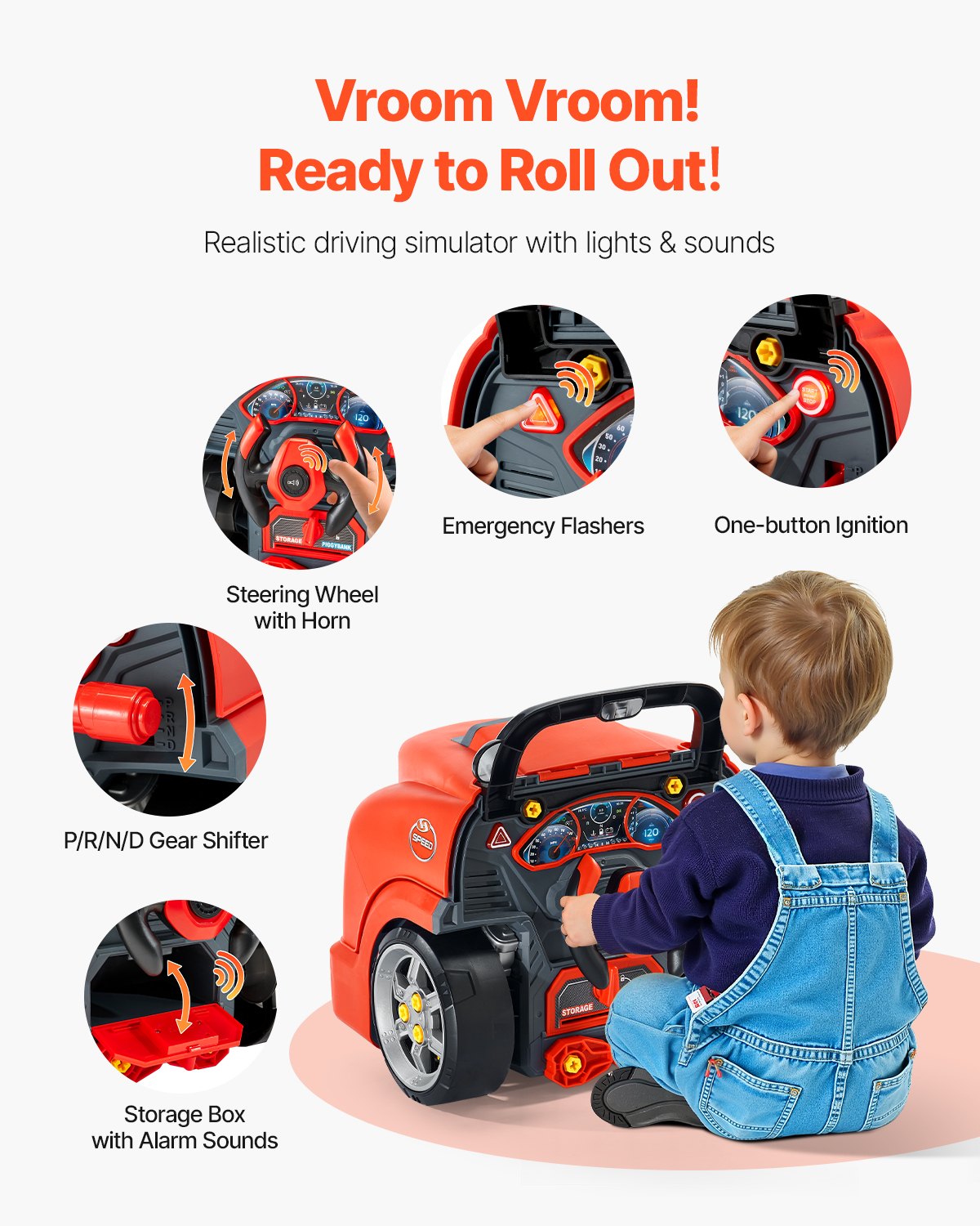 VEVOR Motorspielzeug, 60-teilig, Autoreparaturset für Kinder, mit abnehmbaren Teilen, Lichtern & Geräuschen, Lenkrad & Hupe, Mechaniker-Werkstattset für Kinder für Kleinkinder ab 3 Jahren, Rot