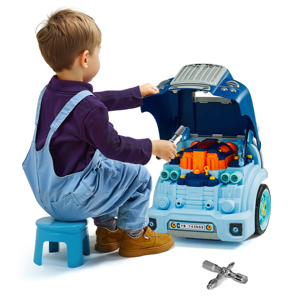 VEVOR Motorspielzeug, 60-teilig, Autoreparaturset für Kinder, mit abnehmbaren Teilen, Lichtern und Geräuschen, Lenkrad und Hupe, Mechaniker-Werkstattset für Kinder für Kleinkinder ab 3 Jahren, Blau
