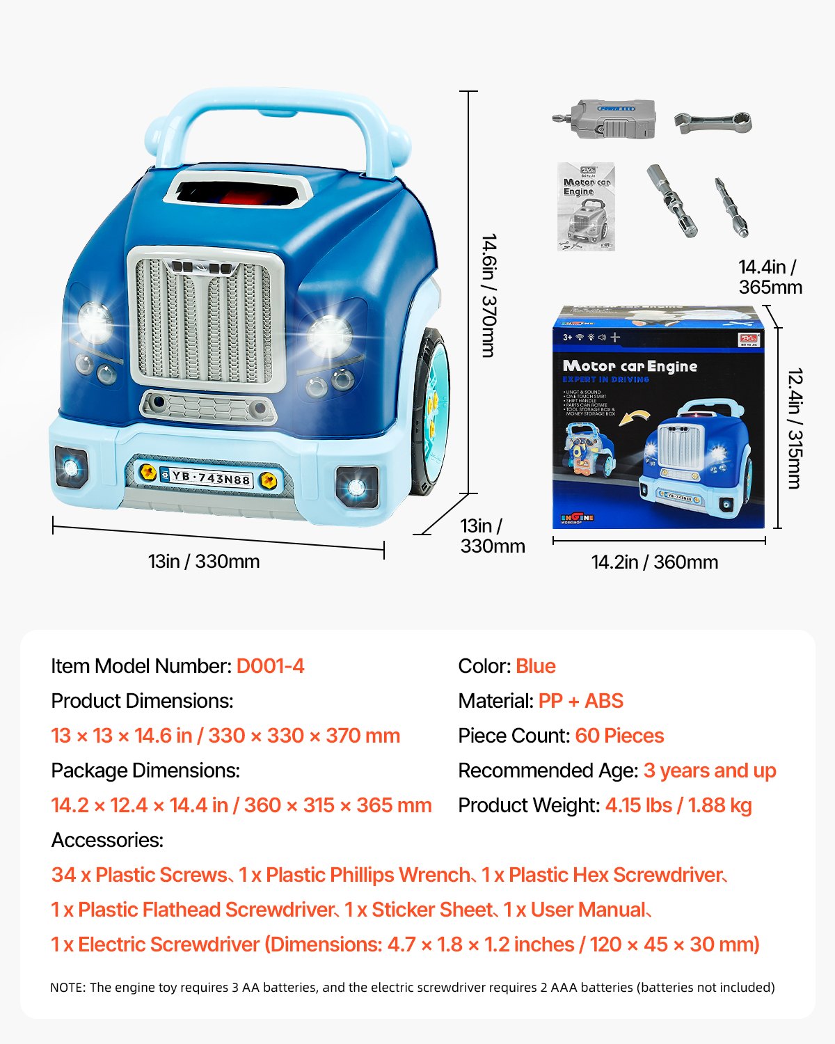 VEVOR Motorspielzeug, 60-teilig, Autoreparaturset für Kinder, mit abnehmbaren Teilen, Lichtern und Geräuschen, Lenkrad und Hupe, Mechaniker-Werkstattset für Kinder für Kleinkinder ab 3 Jahren, Blau