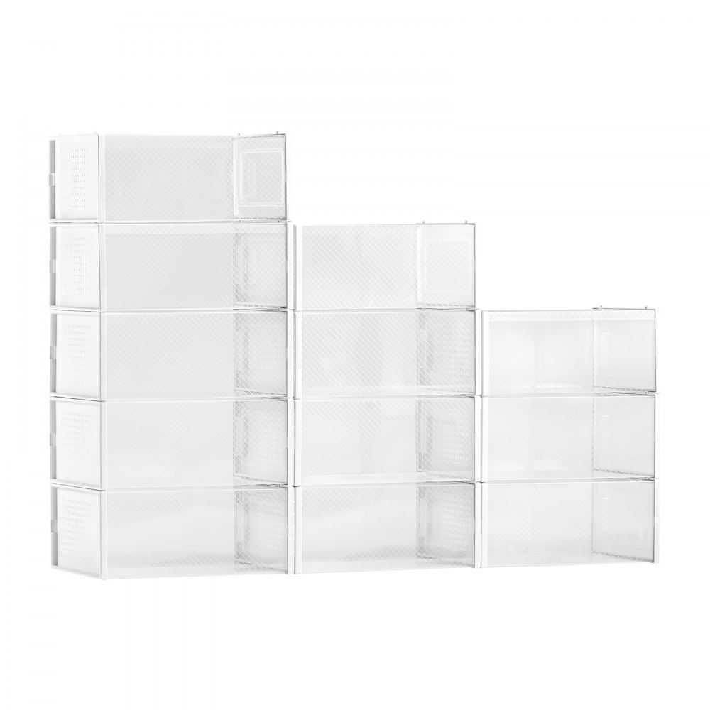 VEVOR Shoe Storage Boxes, 12 Pack Stackable Shoe Boxes Storage Organizers, Fit up to US Size 11, Plastic Modular Space Saving Sneaker Containers for Storing High Heels, Boots, and Hats, White Frame