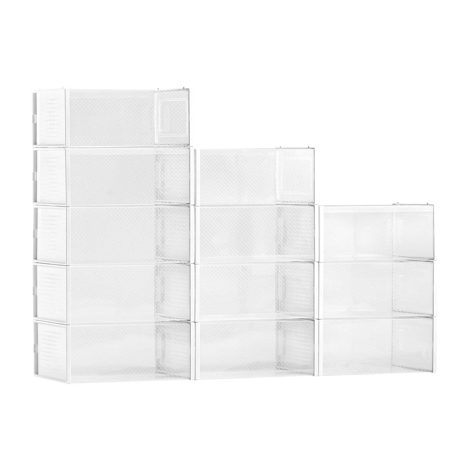 VEVOR Shoe Storage Boxes, 12 Pack Stackable Shoe Boxes Storage Organizers, Fit up to US Size 11, Plastic Modular Space Saving Sneaker Containers for Storing High Heels, Boots, and Hats, White Frame