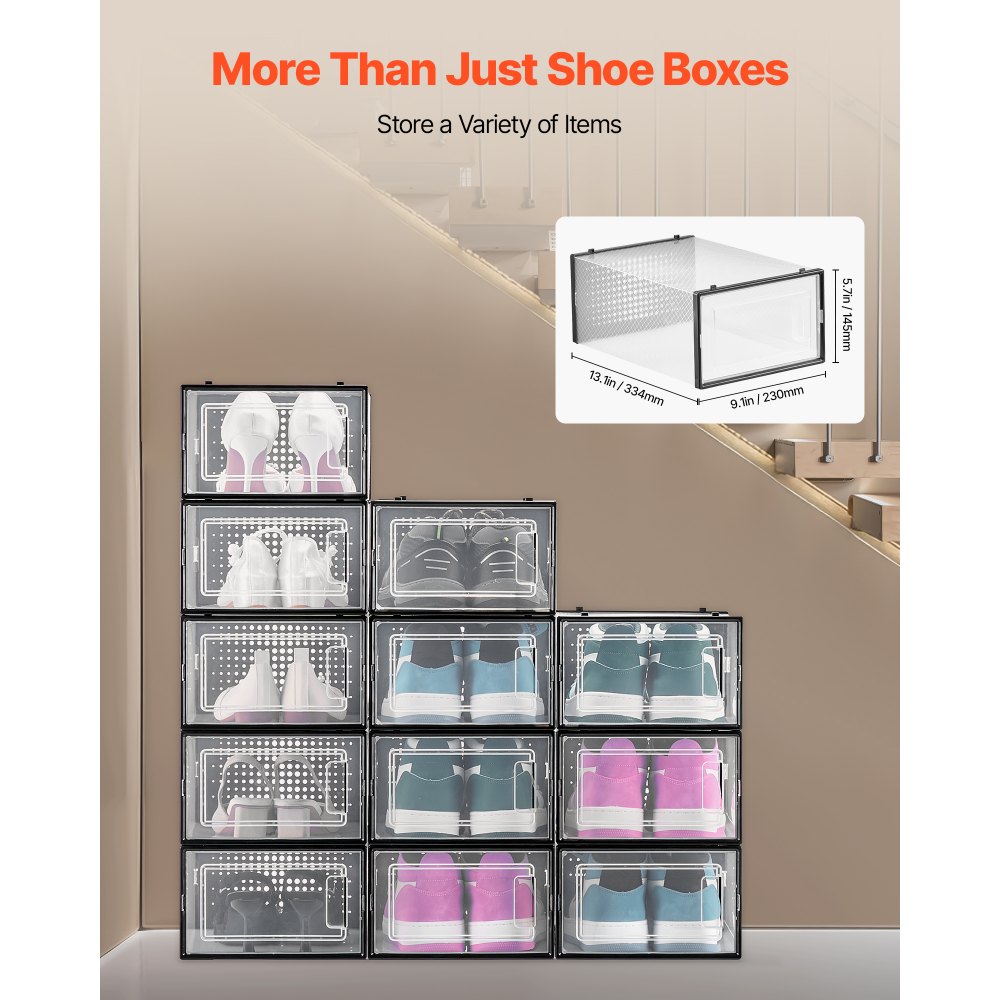 VEVOR Schuhaufbewahrungsboxen stapelbare Schuhboxen (12 Stk.) passend bis US-Größe 11, modulare Schuh-Organizer aus Kunststoff zur Aufbewahrung von High Heels & Stiefeln & Hüten, schwarzer Rahmen