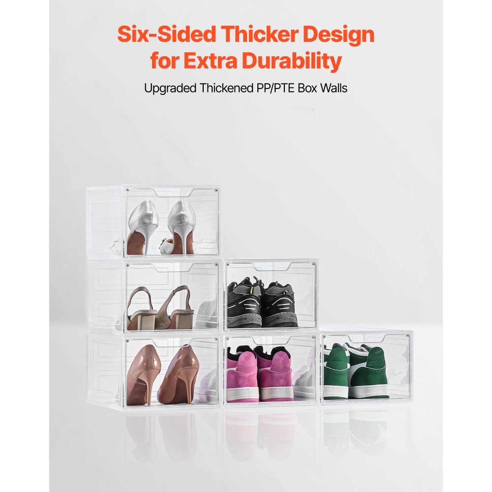 VEVOR Schuhaufbewahrungsboxen stapelbare Schuhboxen (6 Stk.) passend bis US-Größe 13, Schuh-Organizer aus PP/PET mit magnetischer Tür zur Aufbewahrung von High Heels & Stiefeln & Hüten, klar Weiß