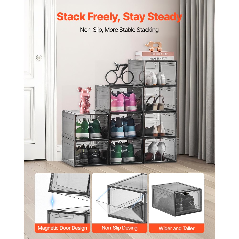 VEVOR Shoe Storage Boxes, 9 Pack Clear Stackable Shoe Boxes Storage Organizers with Magnetic Door, Fit up to US Size 13, Plastic Sneaker Containers for High Heels, Boots, and Hats, Transparent Black