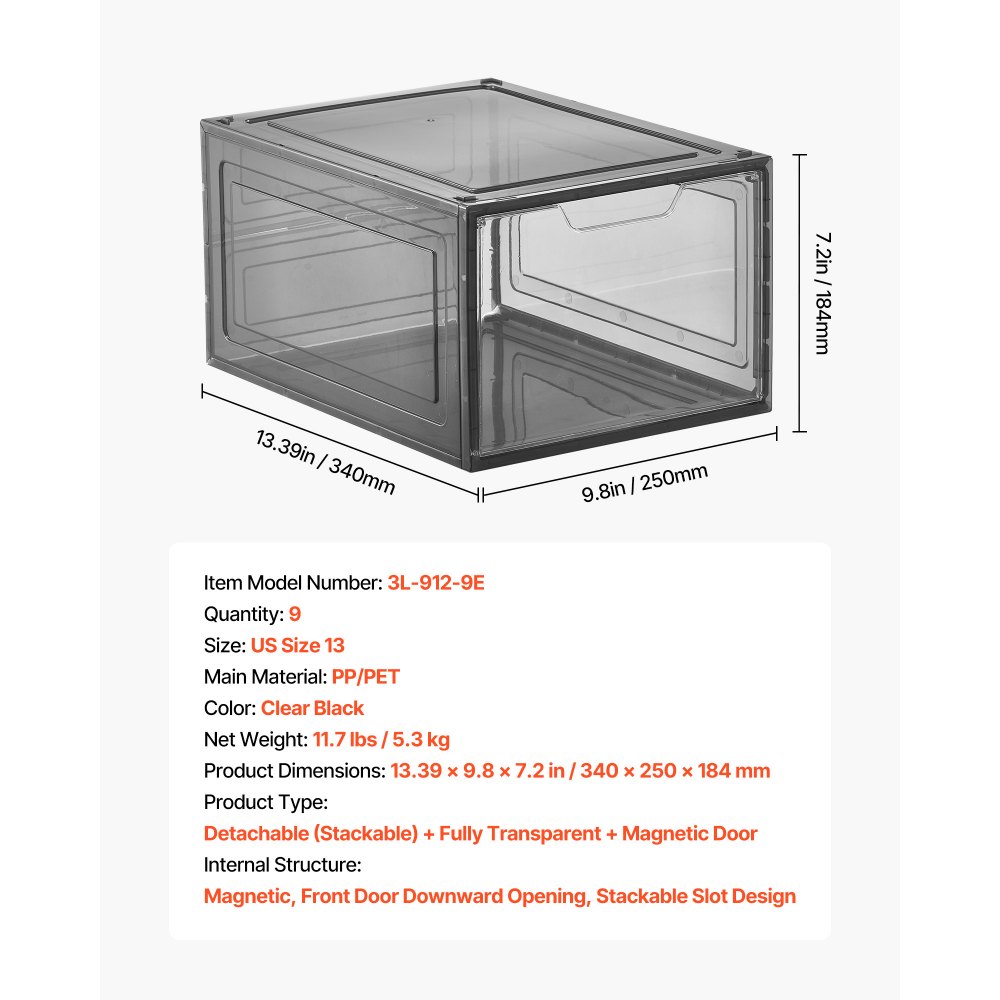 VEVOR Shoe Storage Boxes, 9 Pack Clear Stackable Shoe Boxes Storage Organizers with Magnetic Door, Fit up to US Size 13, Plastic Sneaker Containers for High Heels, Boots, and Hats, Transparent Black