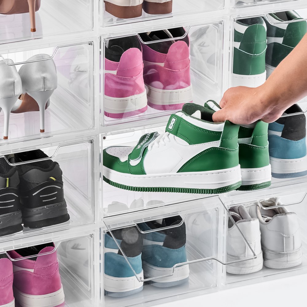 VEVOR Schuhaufbewahrungsboxen stapelbare Schuhboxen (12 Stk.) passend bis US-Größe 13, Schuh-Organizer mit magnetischer Tür zur Aufbewahrung von High Heels & Stiefeln & Hüten, klar + weiß