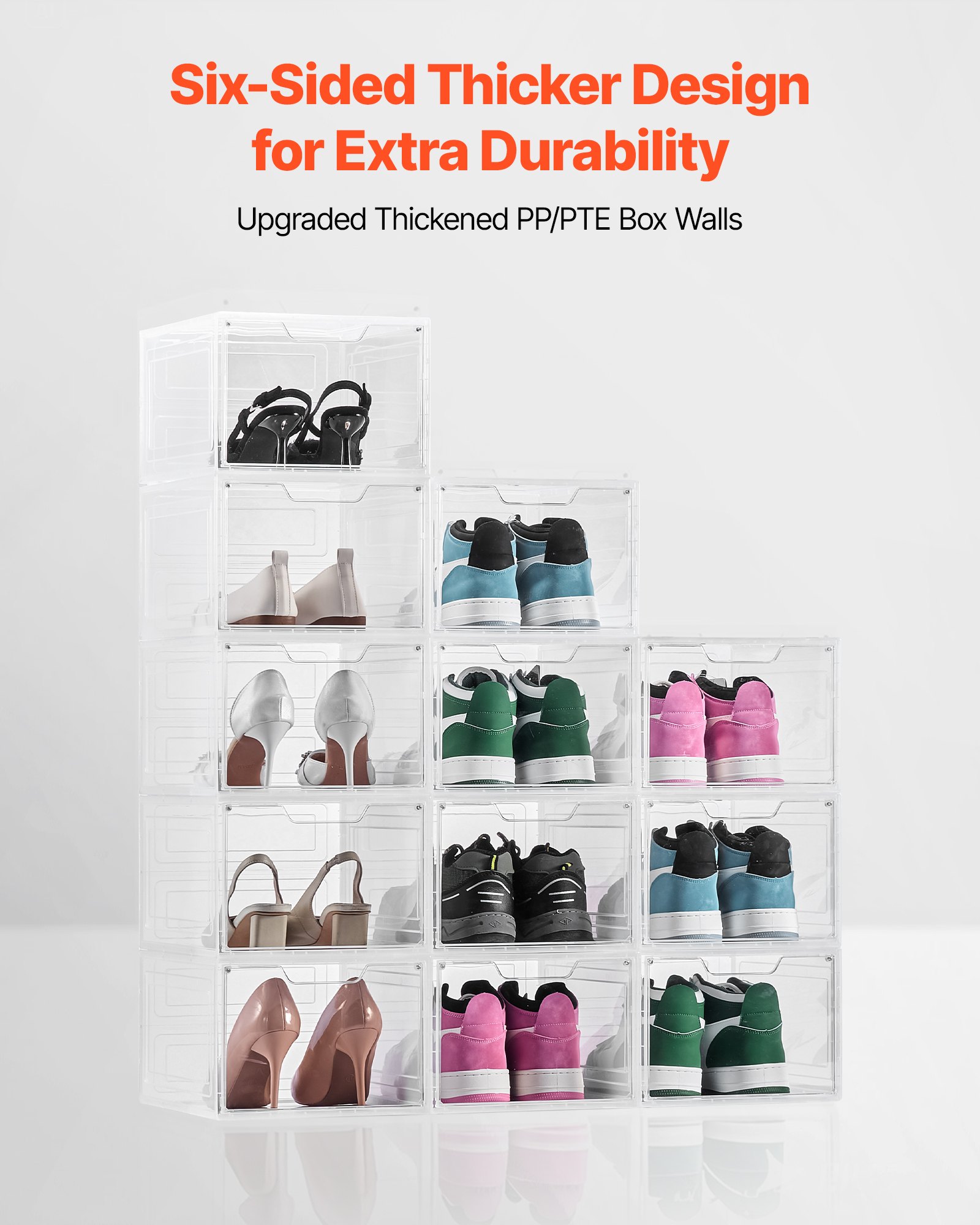 VEVOR Shoe Storage Boxes, 12 Pack Clear Stackable Shoe Boxes Storage Organizers with Magnetic Door, Fit up to US Size 13, Plastic Sneaker Containers for High Heels, Boots, and Hats, Transparent White