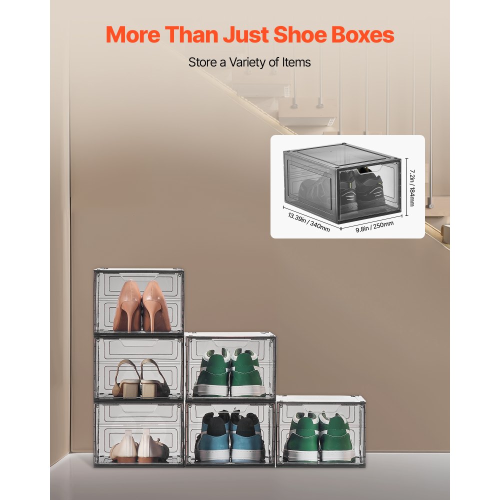 VEVOR Schuhaufbewahrungsboxen stapelbare Schuhboxen (6 Stk.) passend bis US-Größe 13, Schuh-Organizer mit magnetischer Tür zur Aufbewahrung von High Heels & Stiefeln & Hüten, klar Schwarz