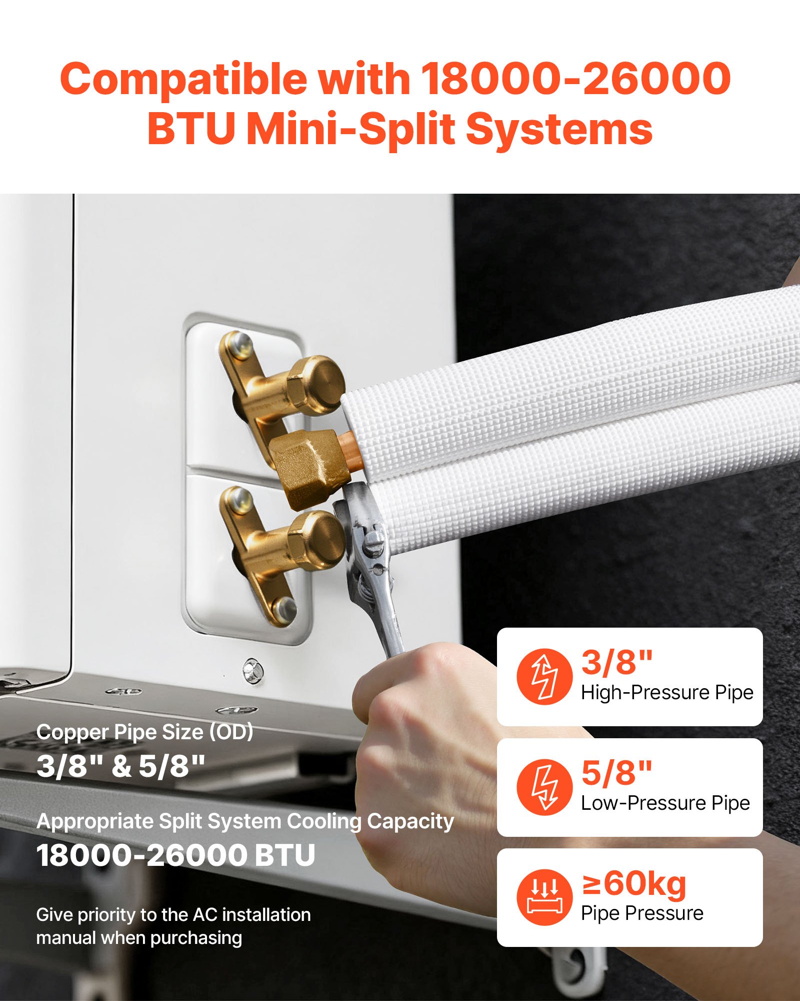 VEVOR Kältemittelleitung 15,24 m, Kupferleitung 9,5 & 15,9 mm Außendurchmesser, AC-Kupferrohr, PE-isolierte Spule mit Bördelmuttern, für Mini-Split-Klimaanlage, HVAC oder Wärmepumpensystem