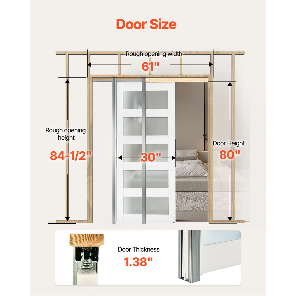 VEVOR Schiebetür (765 x 2035 mm) 5-tlg. Milchglas-Einzelschiebetür mit Hardware-Kit, Schiebetürplatte aus Massivholz & MDF mit wasserfester Oberfläche für Schlafzimmer Küche Arbeitszimmer