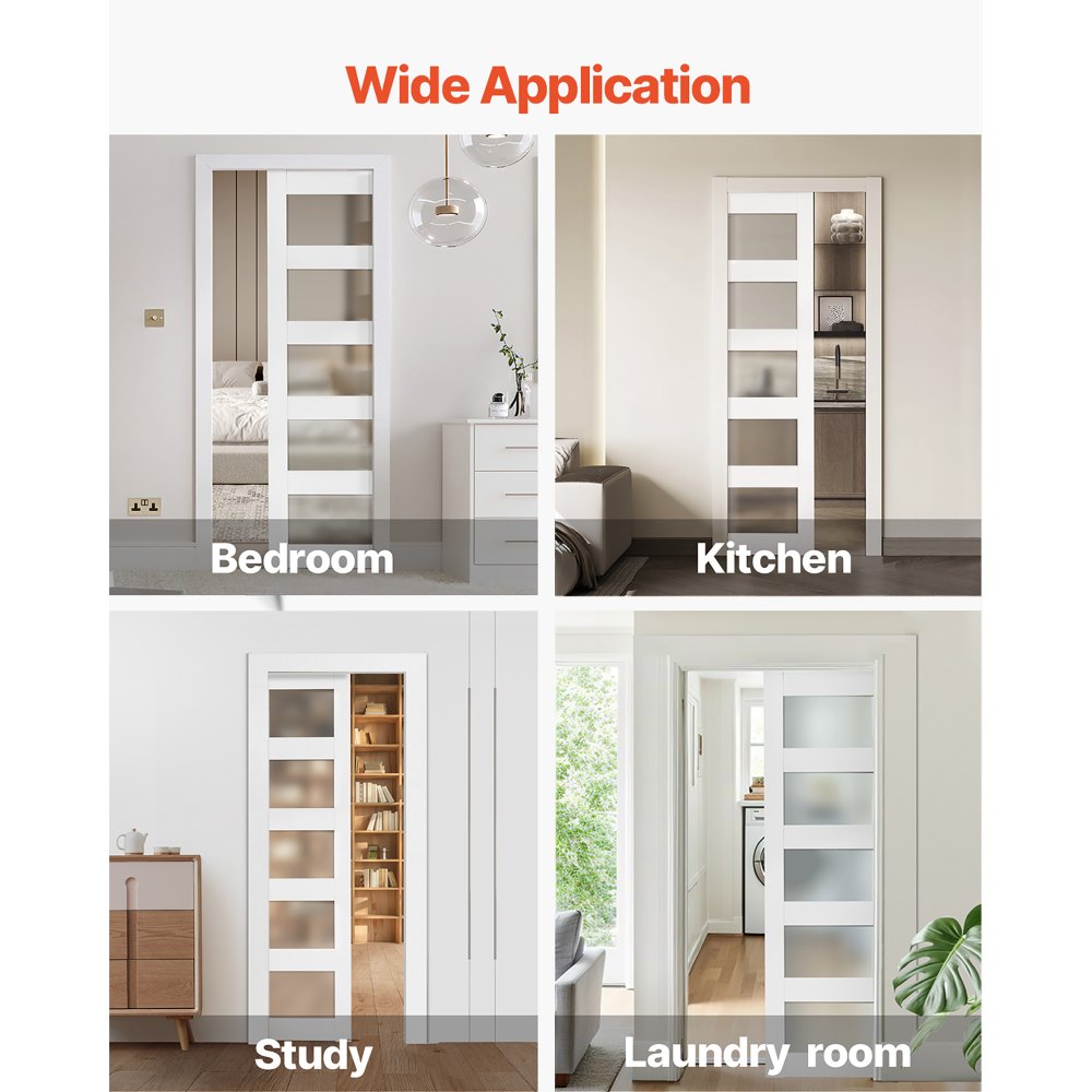 VEVOR Schiebetür (765 x 2035 mm) 5-tlg. Milchglas-Einzelschiebetür mit Hardware-Kit, Schiebetürplatte aus Massivholz & MDF mit wasserfester Oberfläche für Schlafzimmer Küche Arbeitszimmer