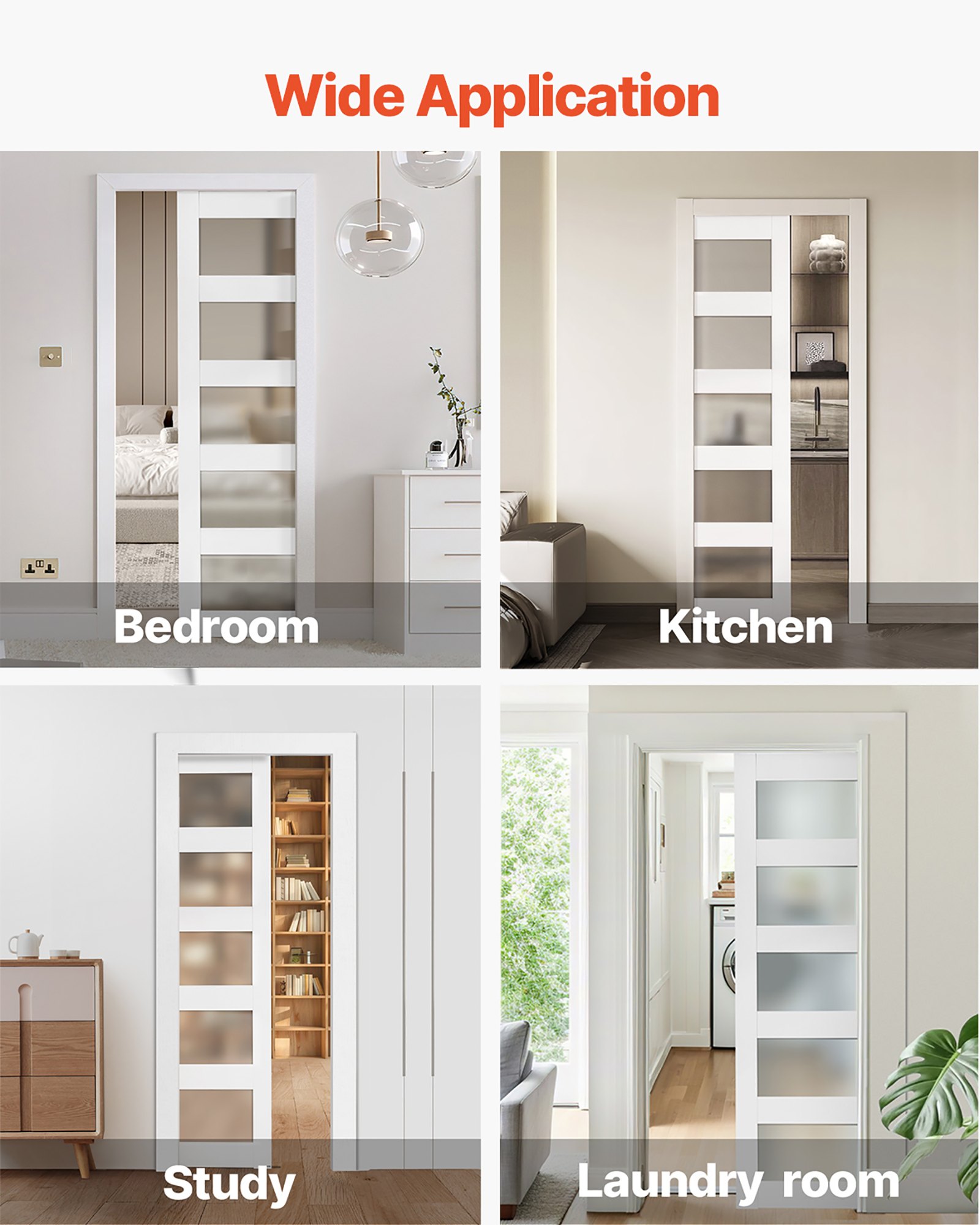 VEVOR Schiebetür (765 x 2035 mm) 5-tlg. Milchglas-Einzelschiebetür mit Hardware-Kit, Schiebetürplatte aus Massivholz & MDF mit wasserfester Oberfläche für Schlafzimmer Küche Arbeitszimmer