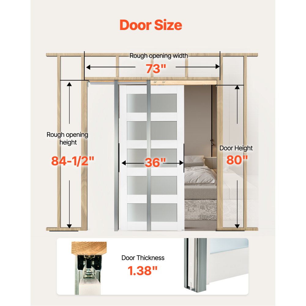 VEVOR Schiebetür (915 x 2035 mm) 5-tlg. Milchglas-Einzelschiebetür mit Hardware-Kit, Schiebetürplatte aus Massivholz & MDF mit wasserfester Oberfläche für Schlafzimmer Küche Arbeitszimmer