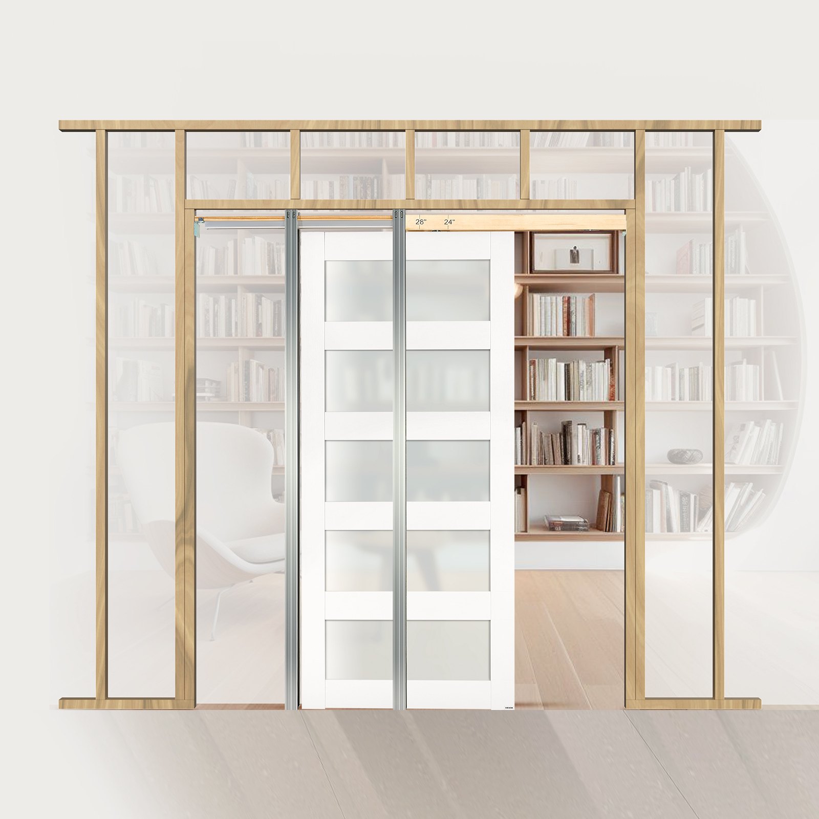 VEVOR Schiebetür (915 x 2035 mm) 5-tlg. Milchglas-Einzelschiebetür mit Hardware-Kit, Schiebetürplatte aus Massivholz & MDF mit wasserfester Oberfläche für Schlafzimmer Küche Arbeitszimmer